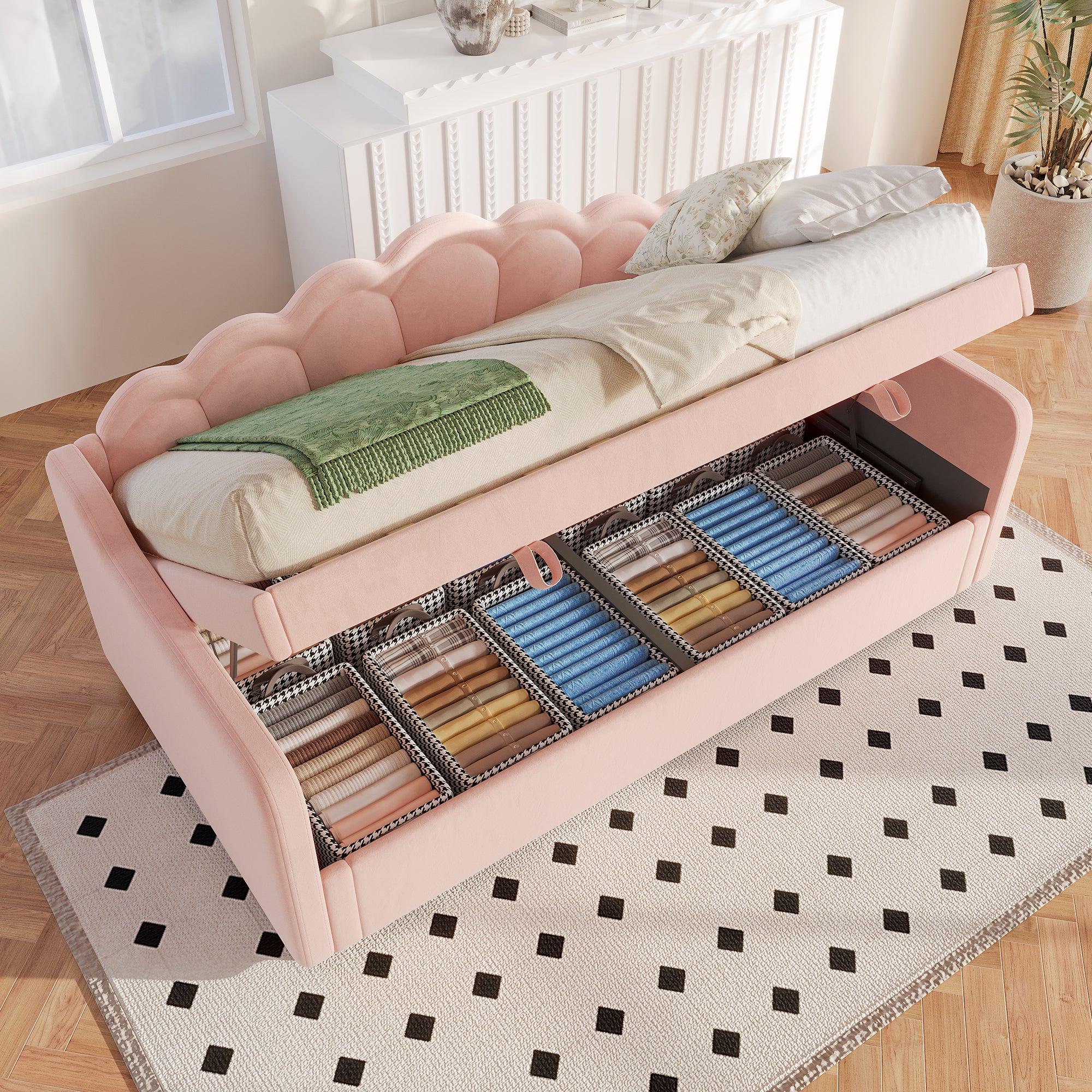 Daybed Sofa Bed 90x200cm Hydraulic Storage LED - Velvet Pink