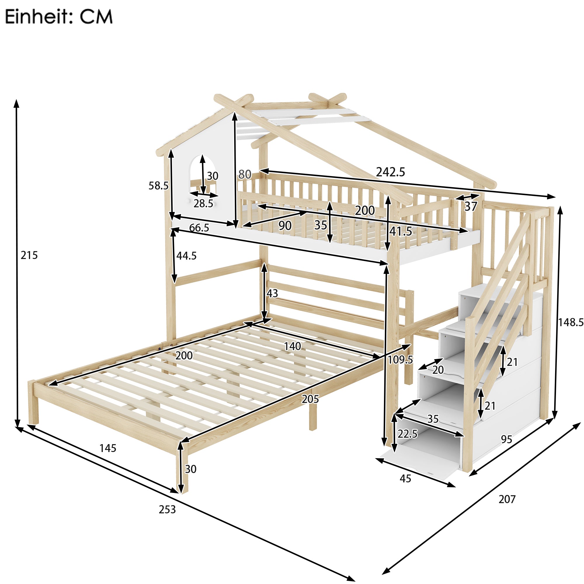 Bunk Bed with Storage Ladder, Bed Rail & Window, White + Natural