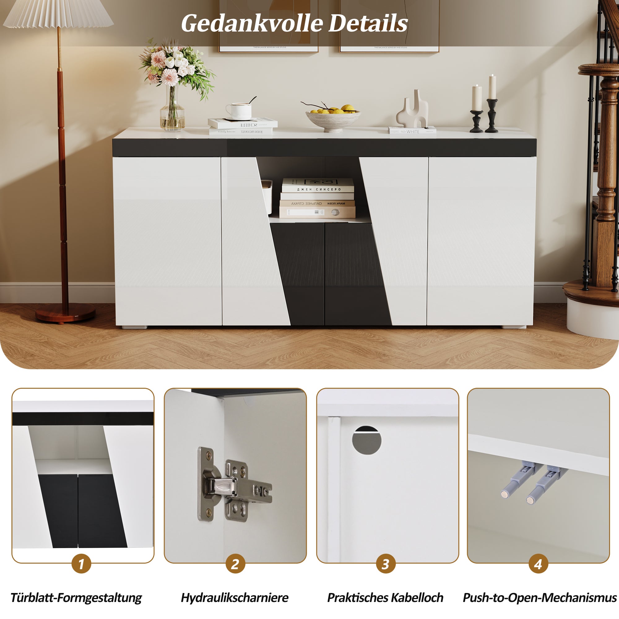 Living Room Sideboard with 4 Doors, Angled Design & LED Light Strip, Black and White Chipboard
