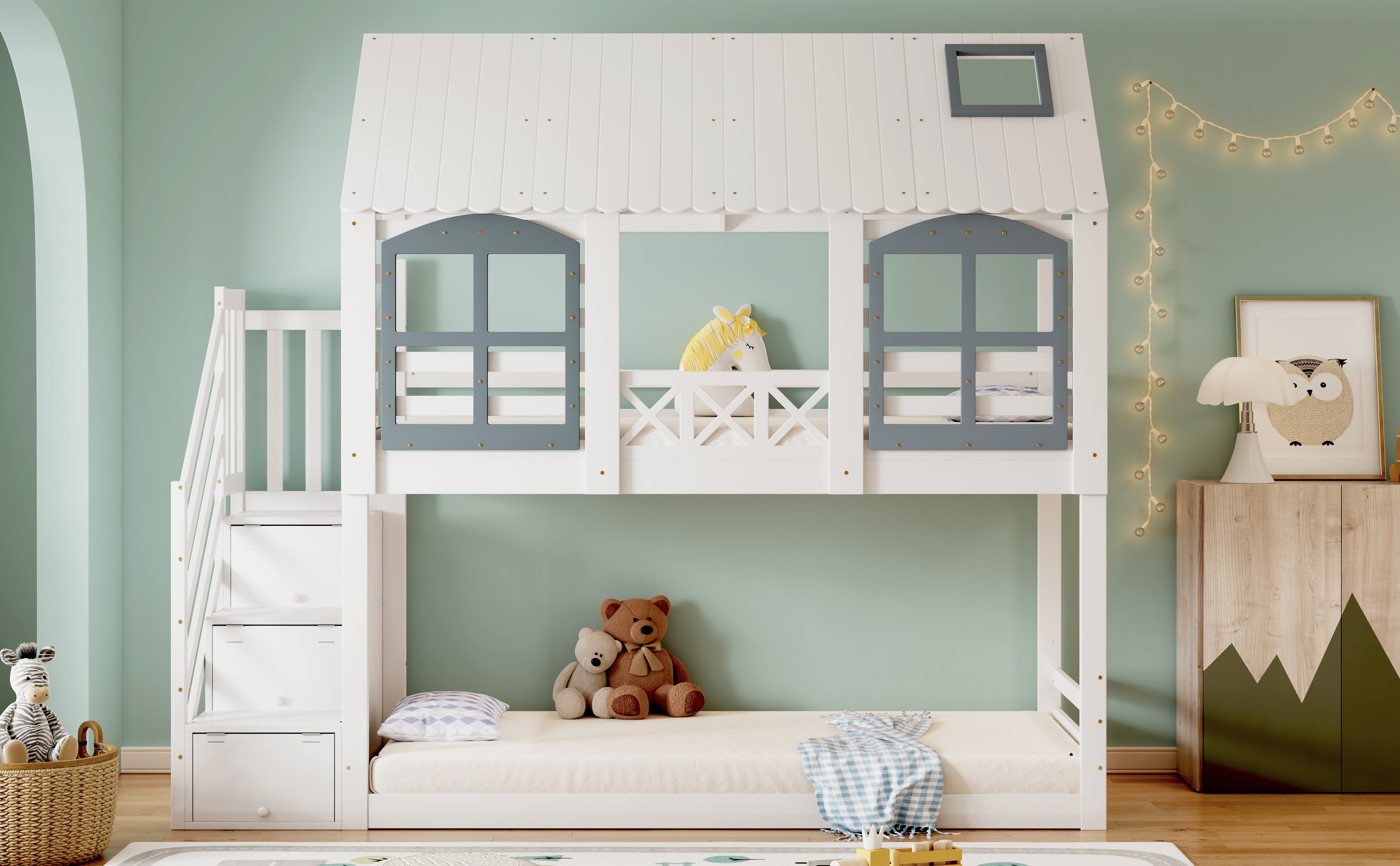 Bunk Bed with Roof & Window, Safety Gate & 3 Stair Lockers, 90x200cm Pine+MDF White+Grey