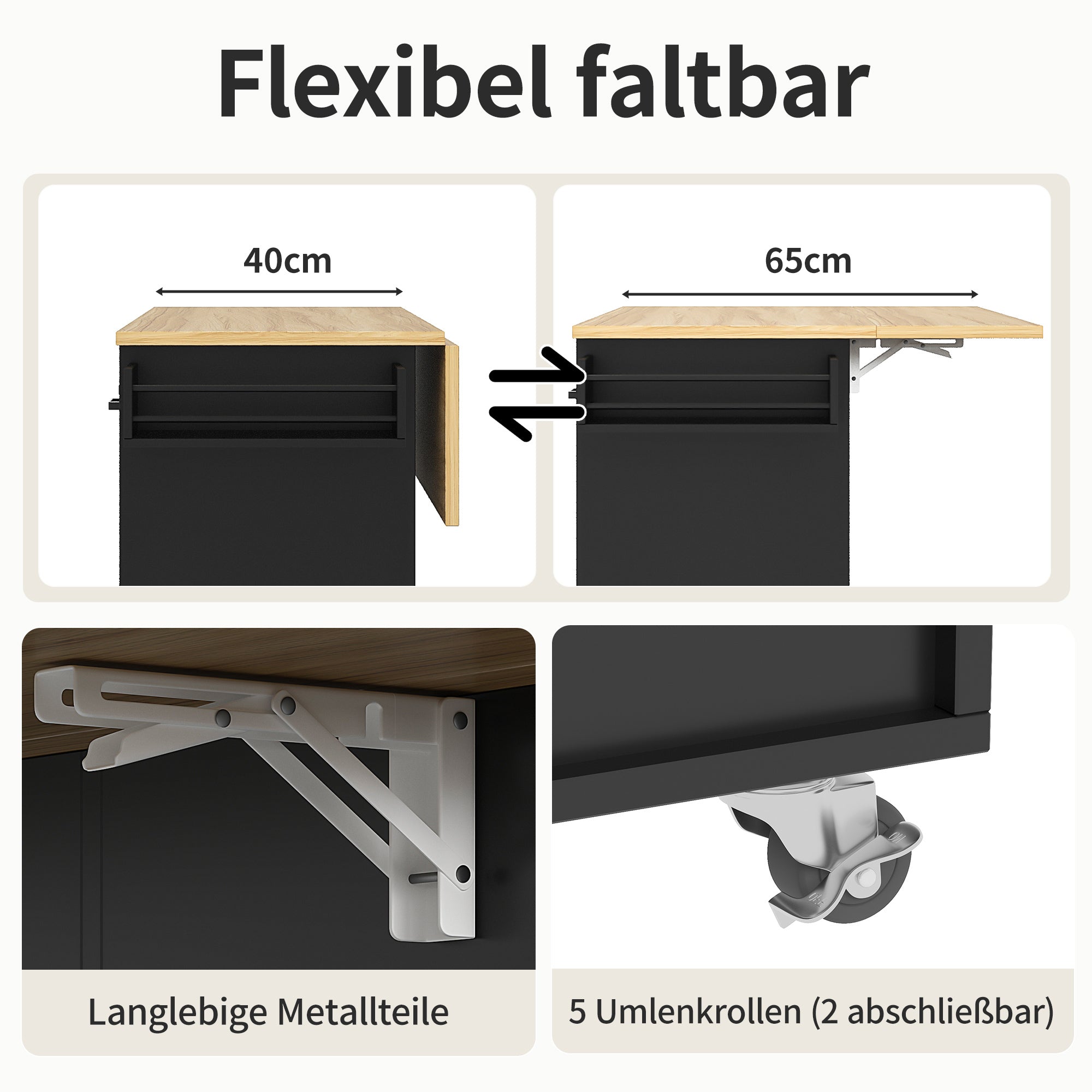 Dining Trolley Mobile Removable Worktop Spice Rack Adjustable Storage - Wood Grain Black