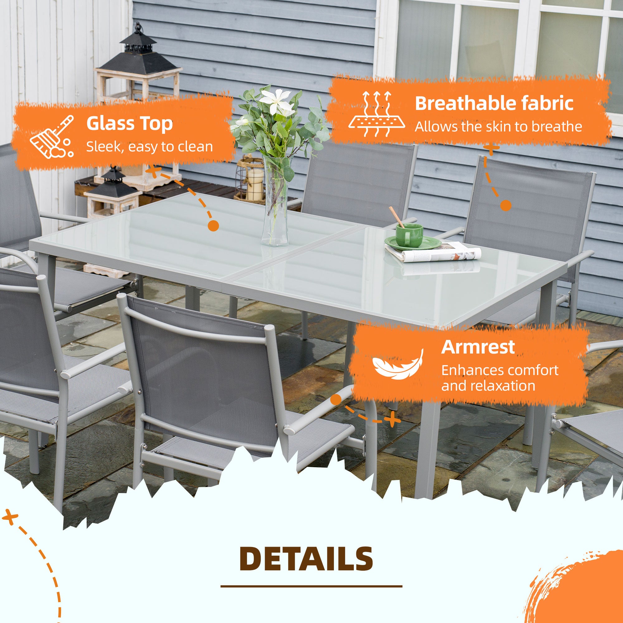 7 Piece Garden Dining Set, Table with 6 Stackable Chairs, Steel Frame & Tempered Glass, Grey