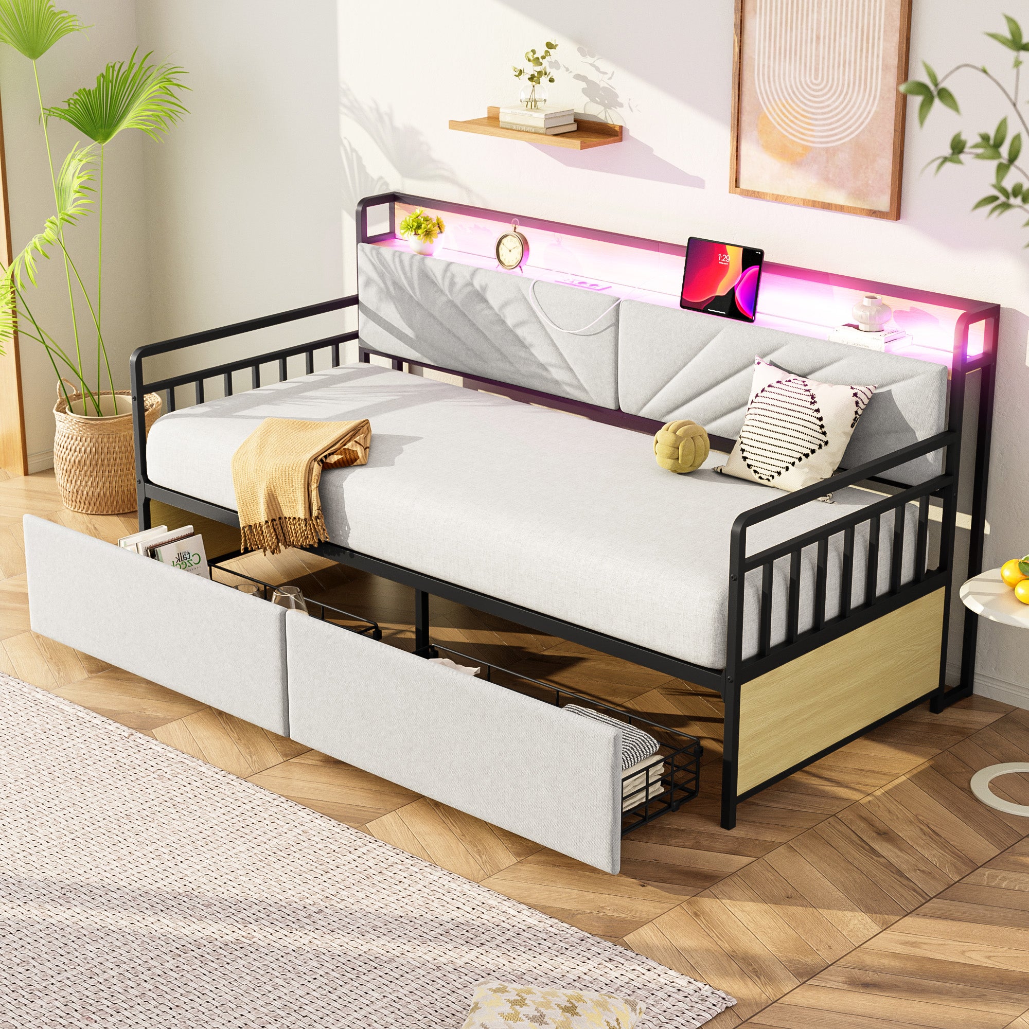 Sofa Bed, 90x200 cm LED, Shelves & Drawers, Beige Iron