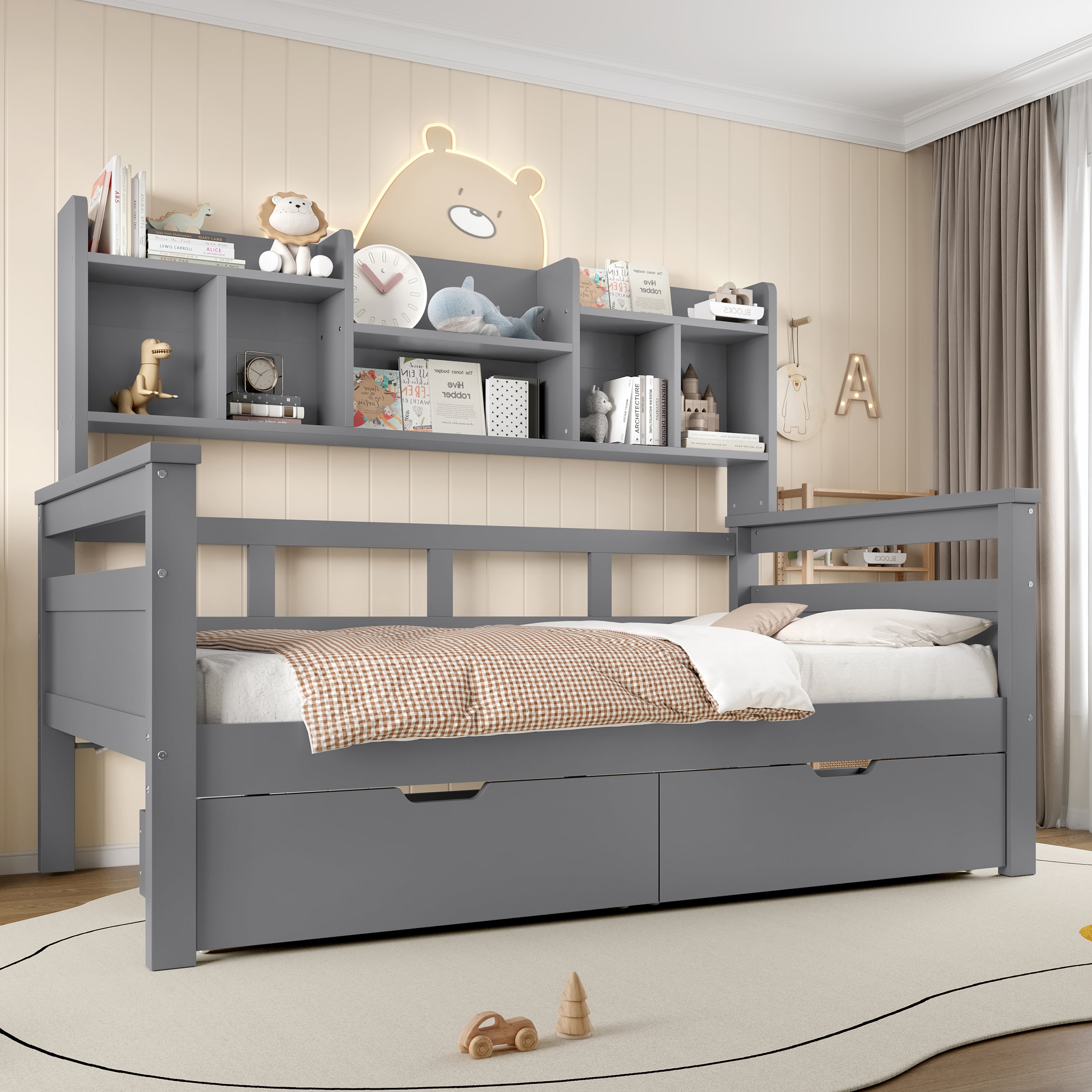 3ft Single Bed with Two Storage Drawers, Bookcase Headboard, and Guardrail, Wooden, Grey