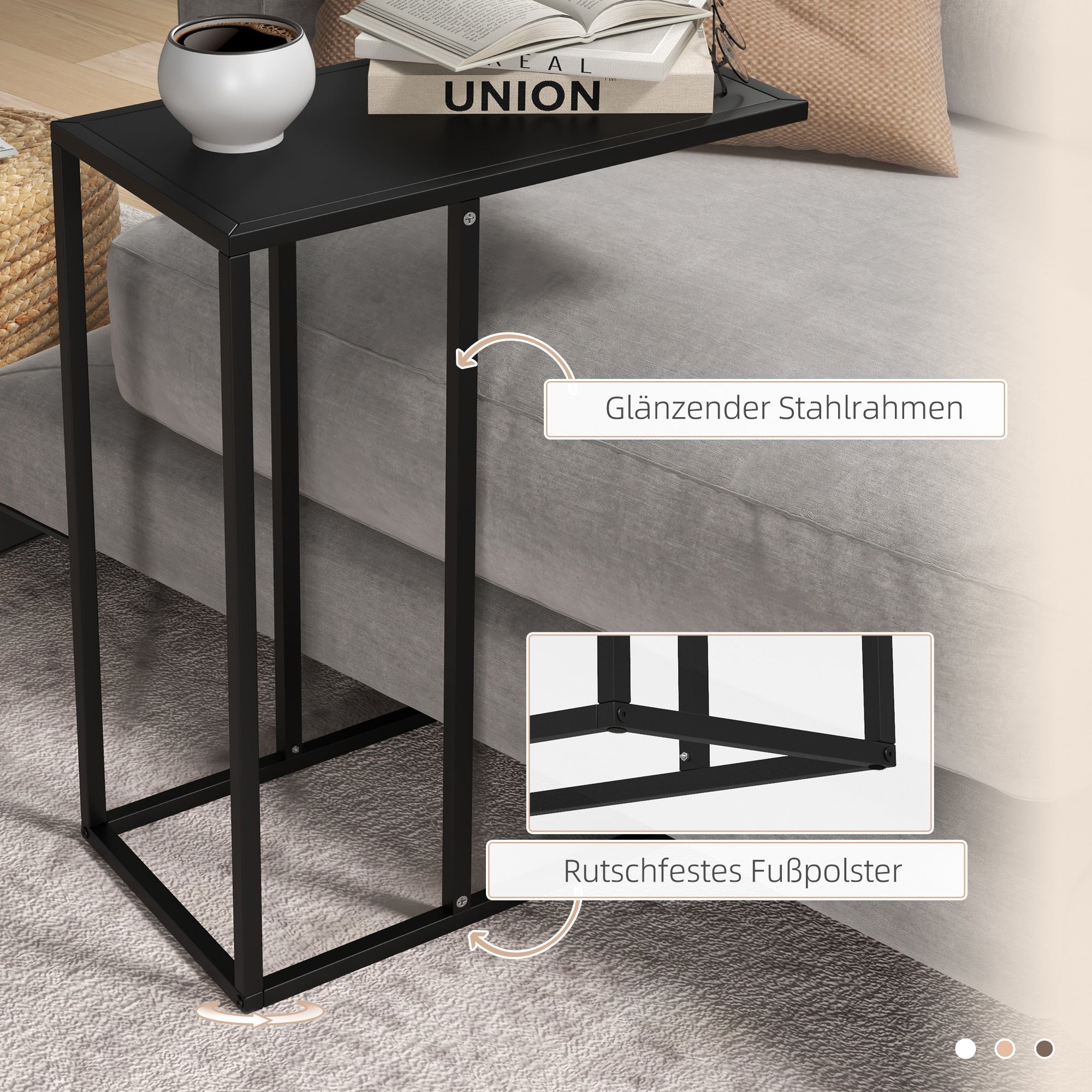 Side Table C-Shaped Laptop Bedside with Steel Frame, Black