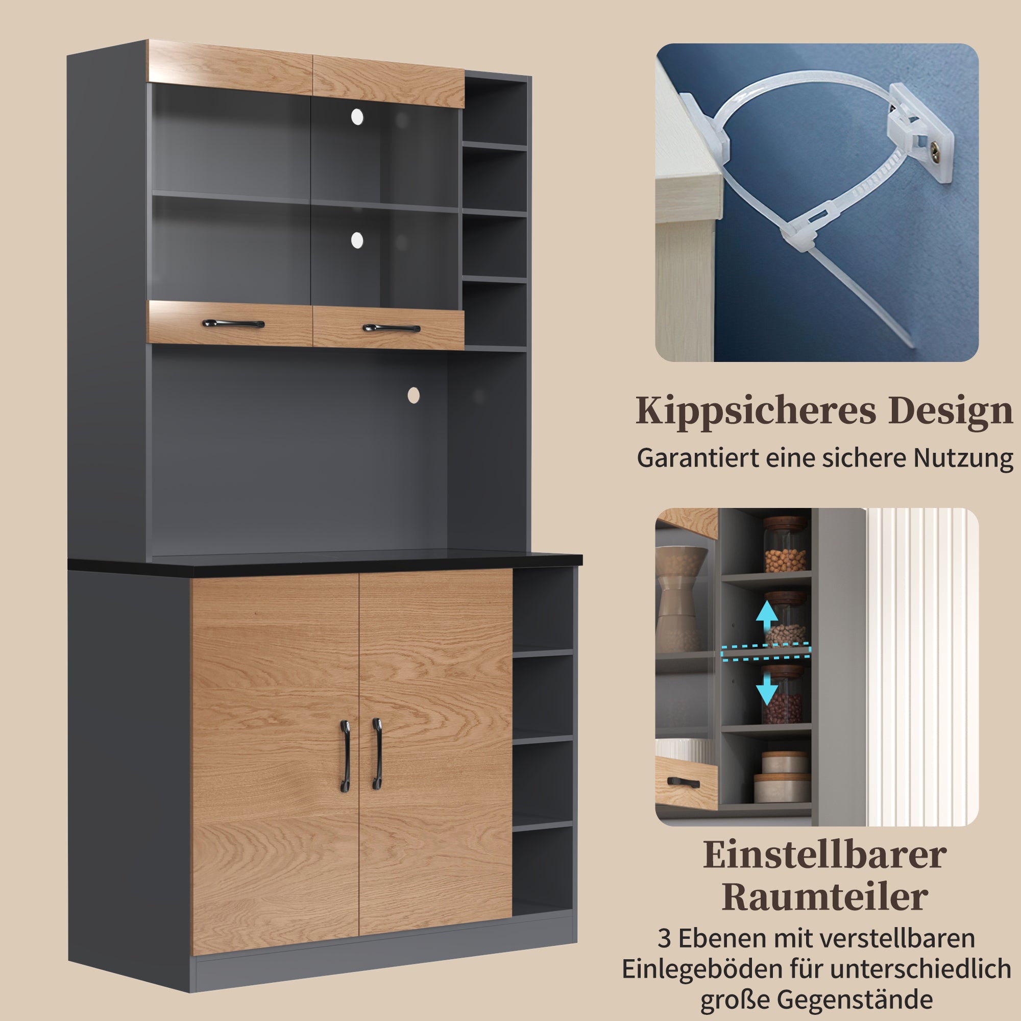 Kitchen Highboard Buffet 100x187cm LED Lighting Microwave Storage - Wooden