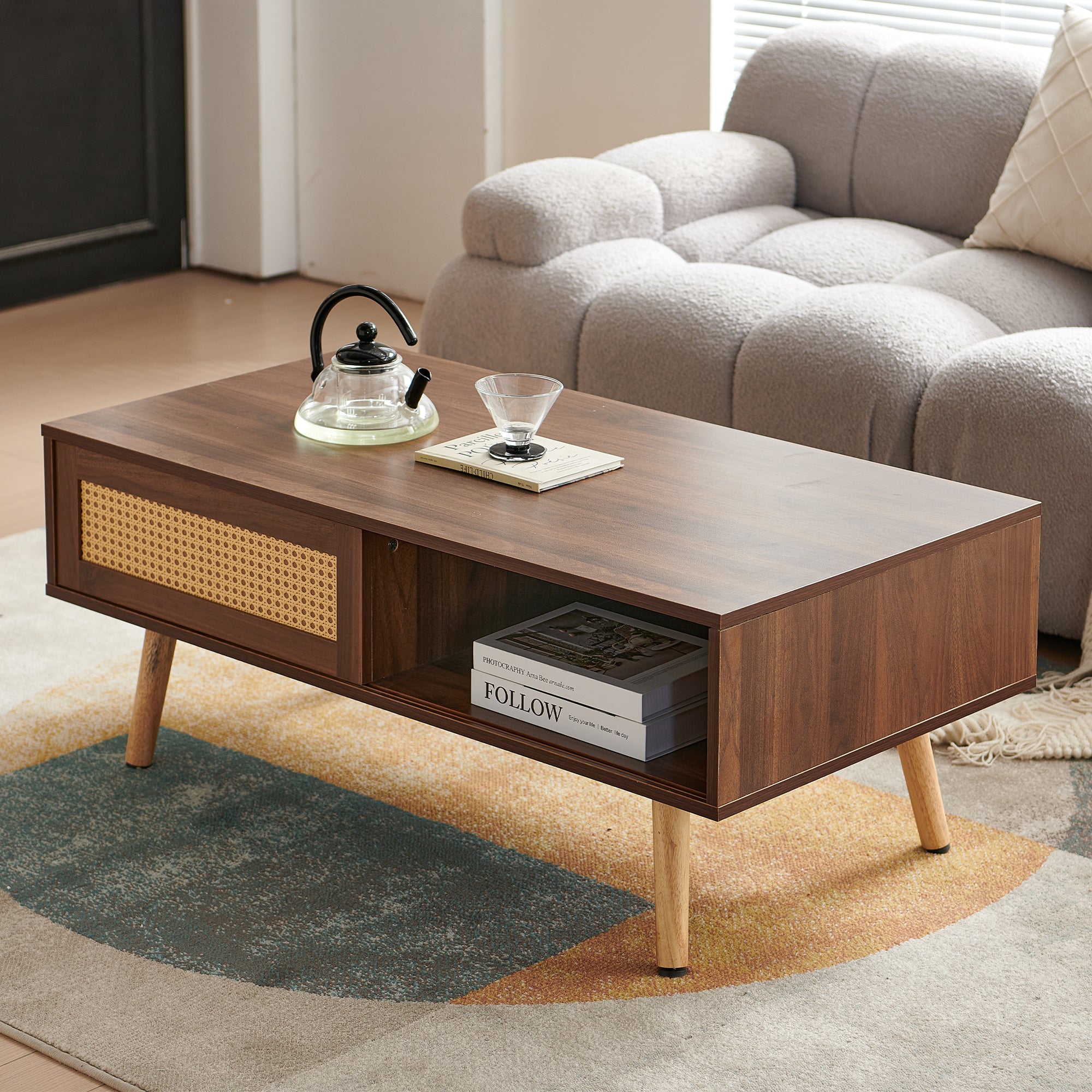 Wicker Coffee Table Sliding Doors Solid Wood Legs Dark Walnut Wood