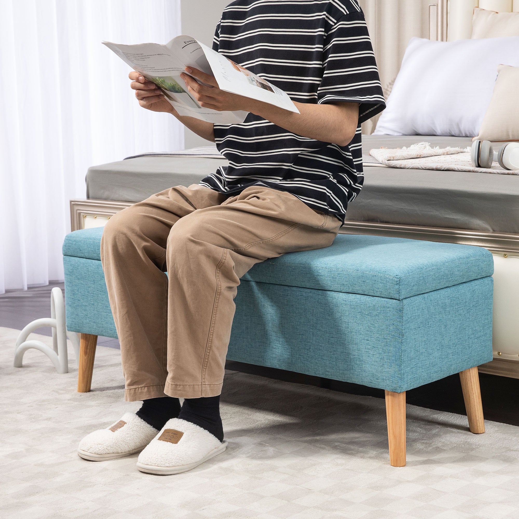 Upholstered Bench Storage Bed Hallway Blue