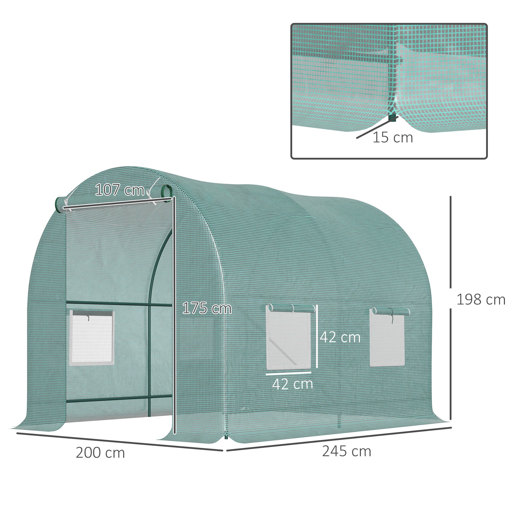 Polytunnel Greenhouse, Walk-in with Roll-Up Door & Windows, Green