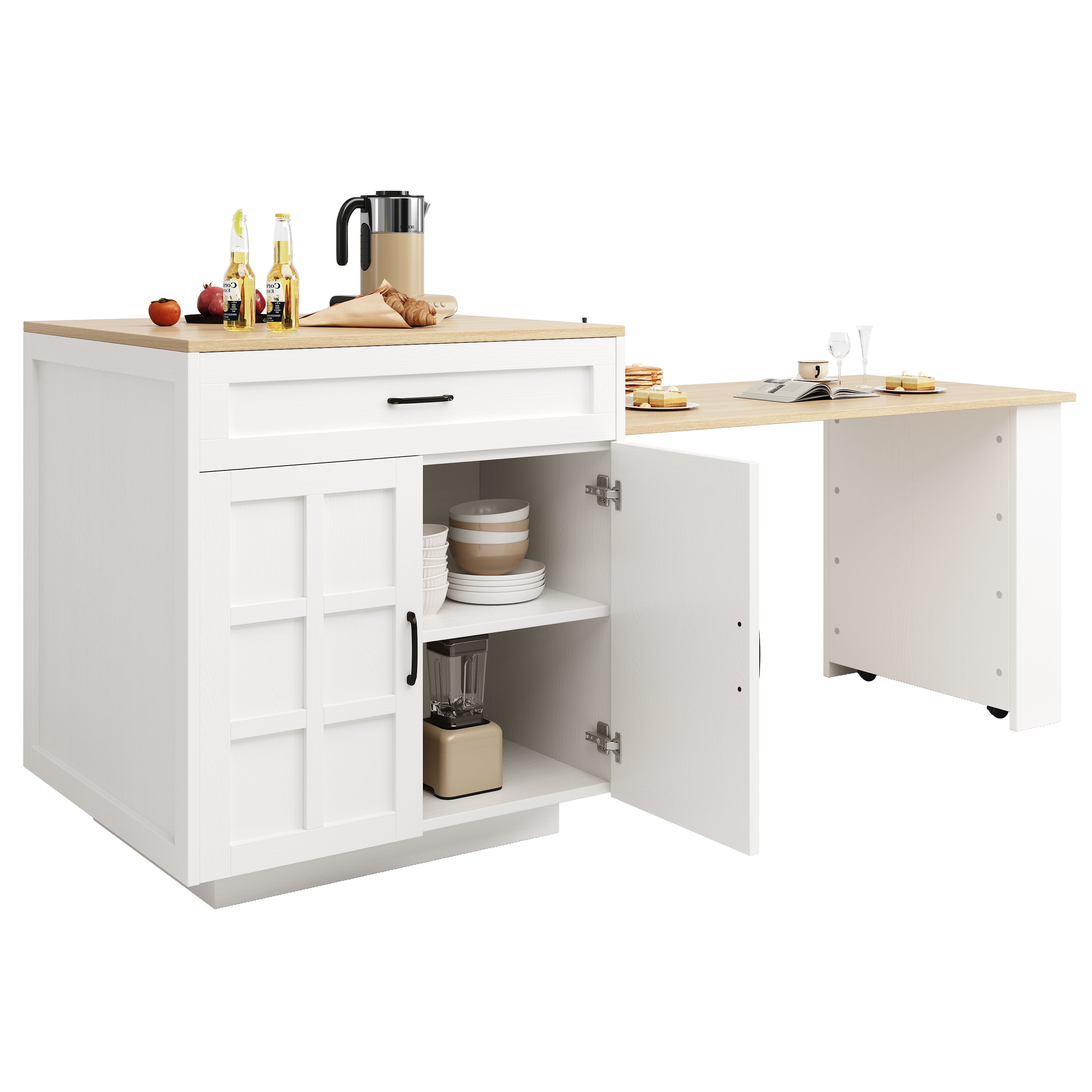 Extendable Bar Table Kitchen Island Dining Cart with Storage Drawers and Shelves White