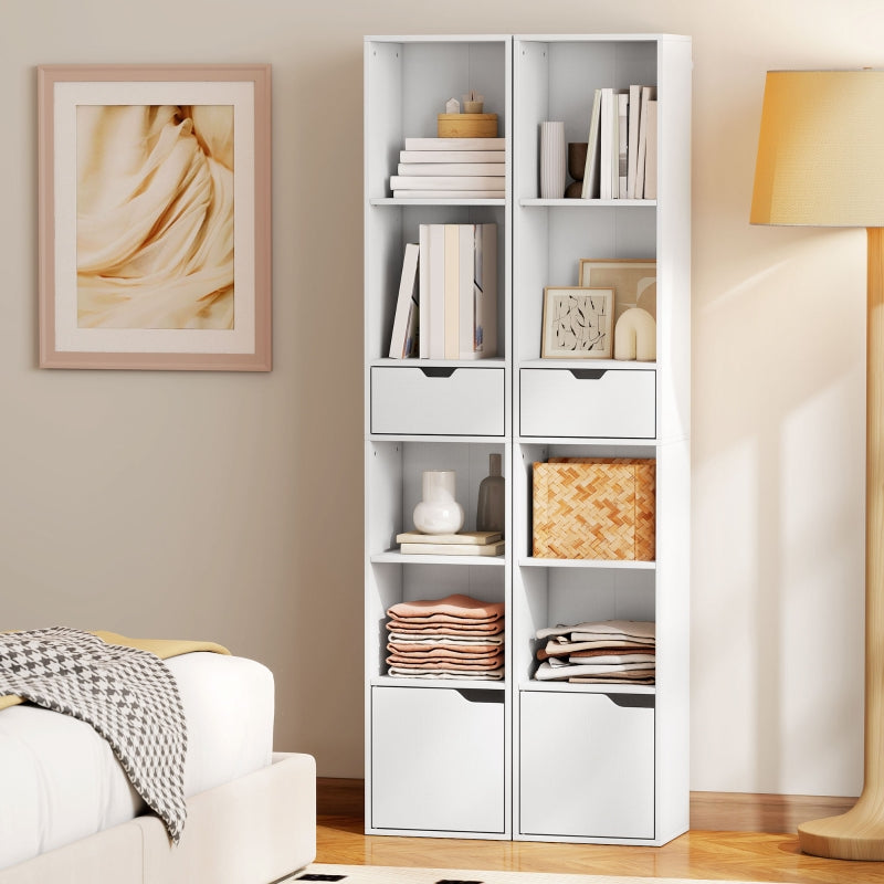 6-Tier Bookcase Tall Narrow Bookshelf with Drawer and Door - White