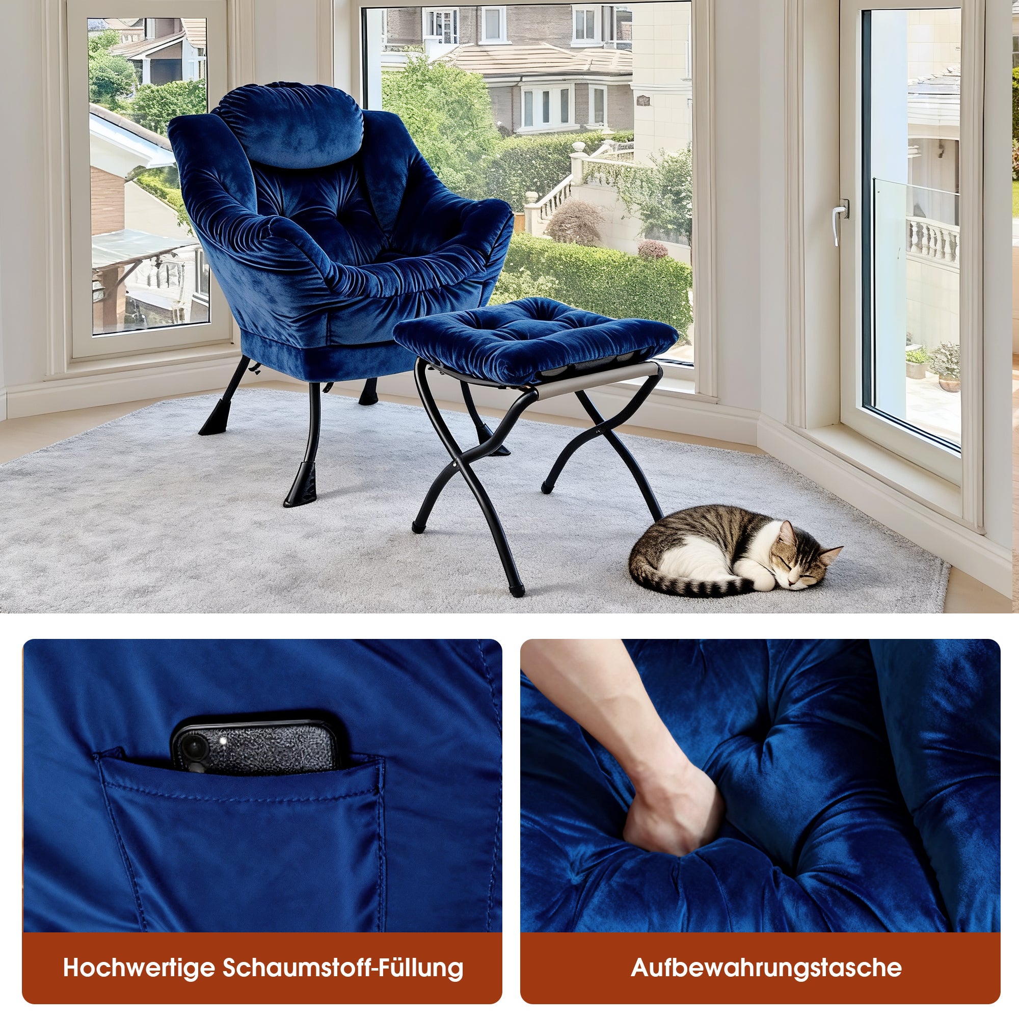 Armchair Footstool Recliner Side Pocket, Dark Blue Fabric