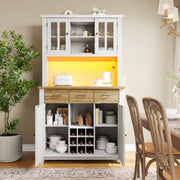 Tall Kitchen Buffet Display Cabinet Adjustable Shelves LED Lighting Wood-Colored Drawers