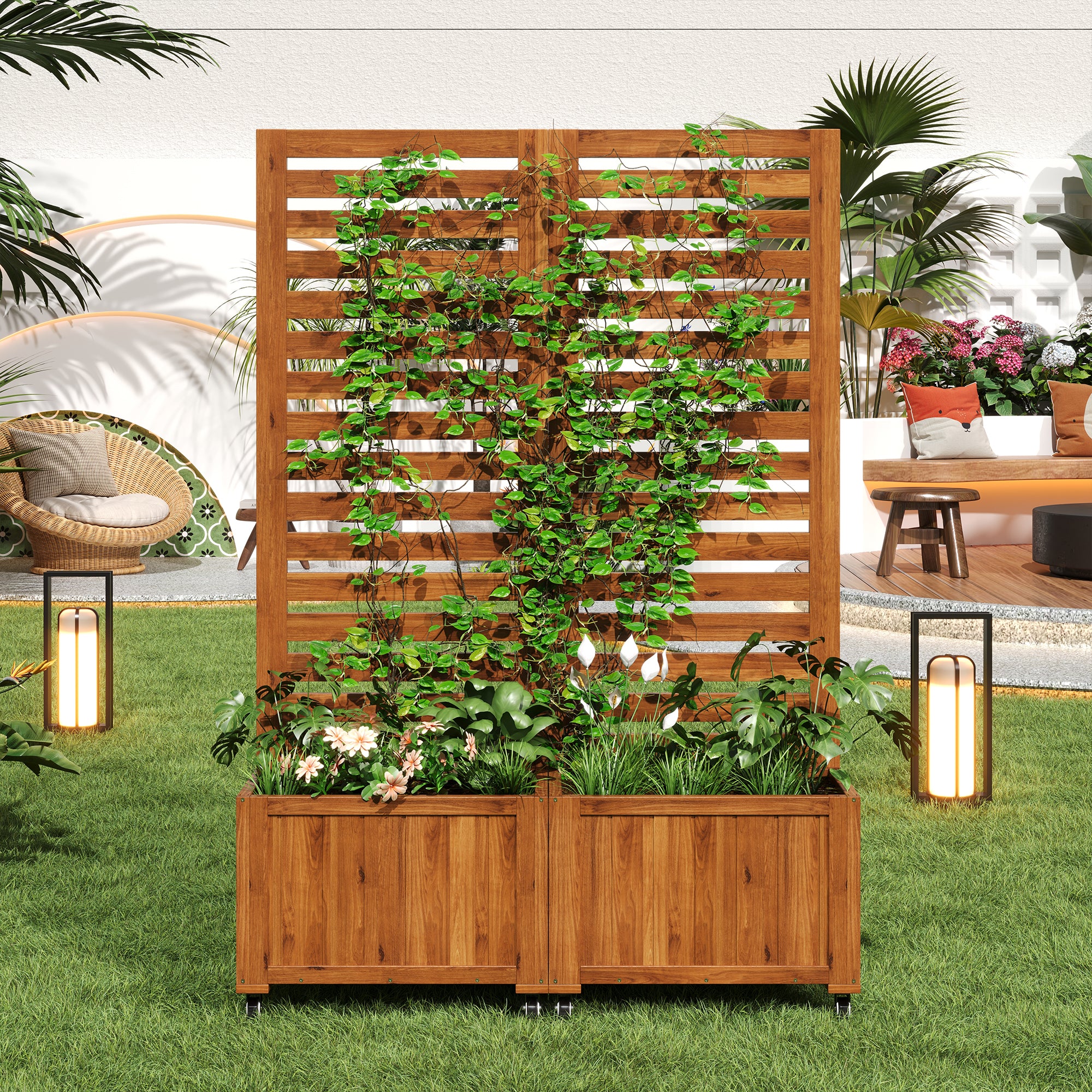 Plant Pot Planter Box with Trellis, Folding Wheels, Brown Solid Wood