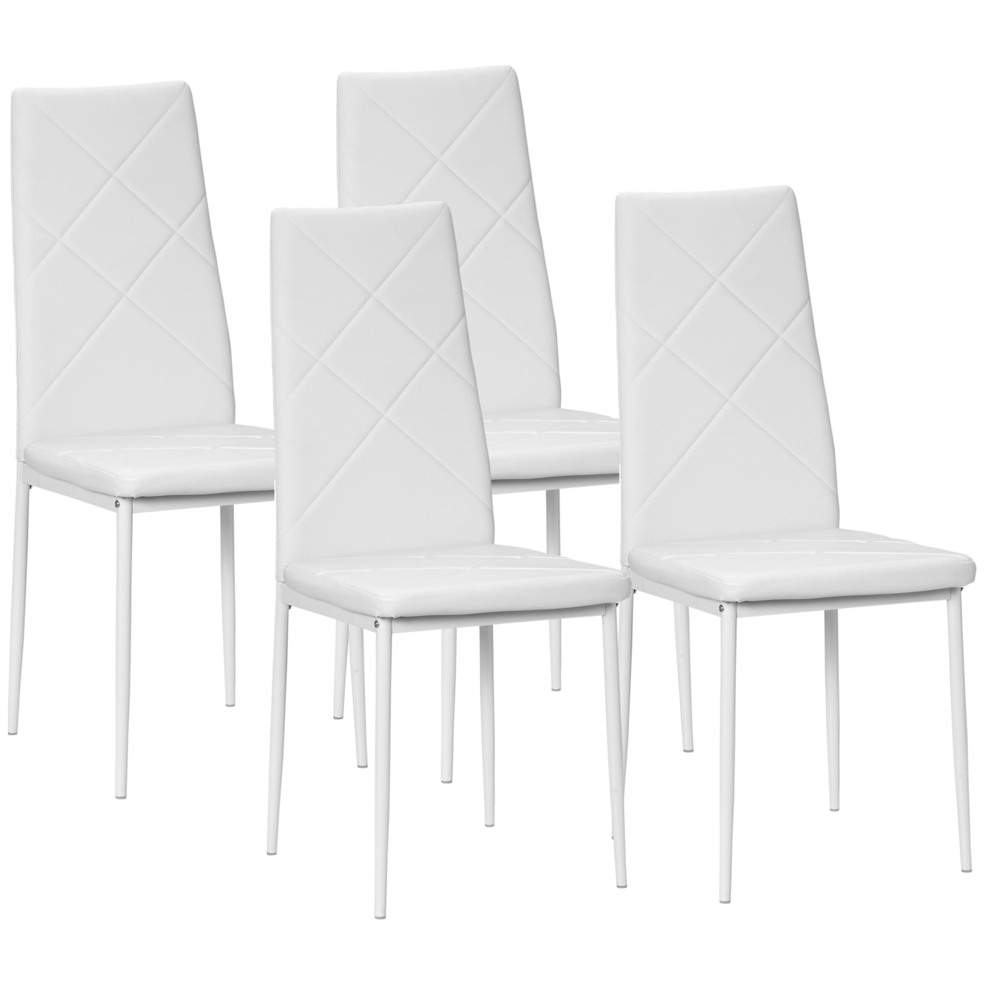 Dining Chair, Set of 4 Upholstered with Steel Legs, Faux Leather, White