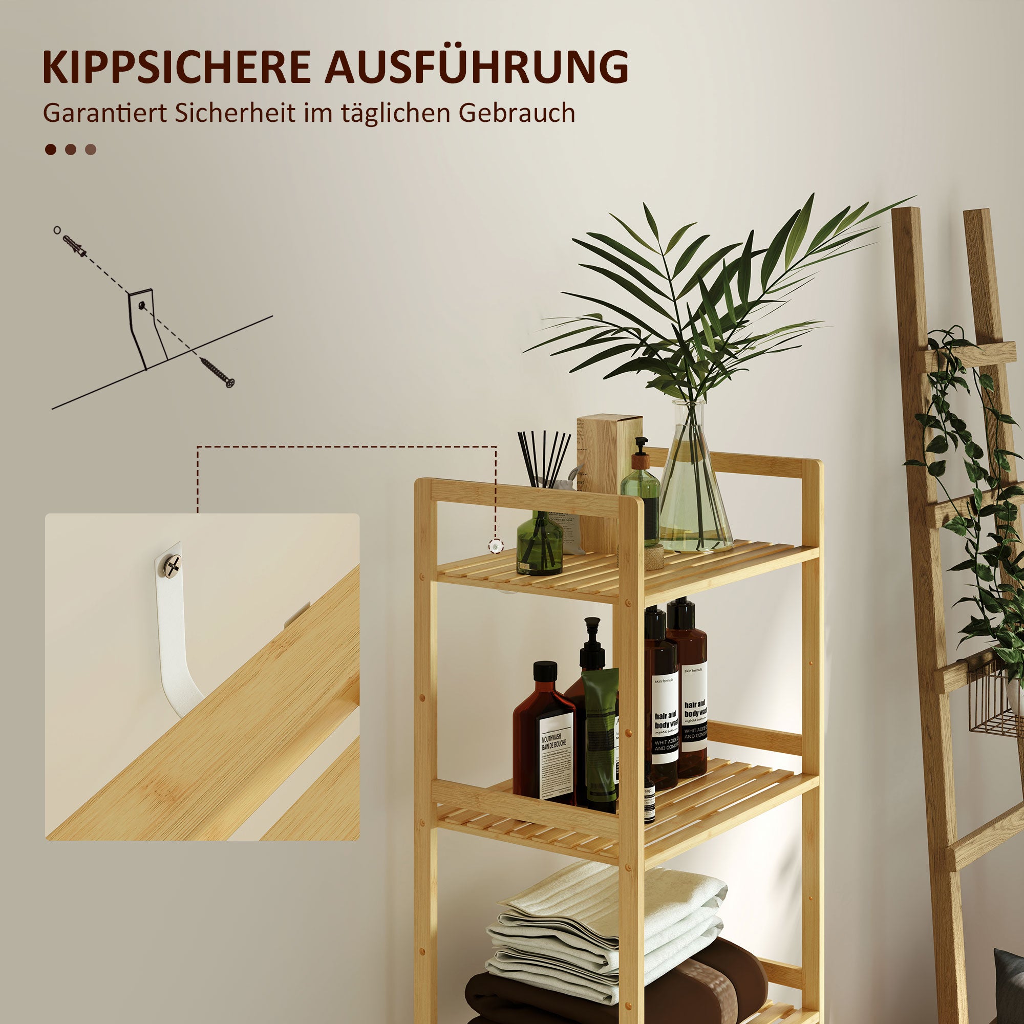 Bathroom Shelf, 5-Tier Storage Rack, Adjustable, Natural Wood