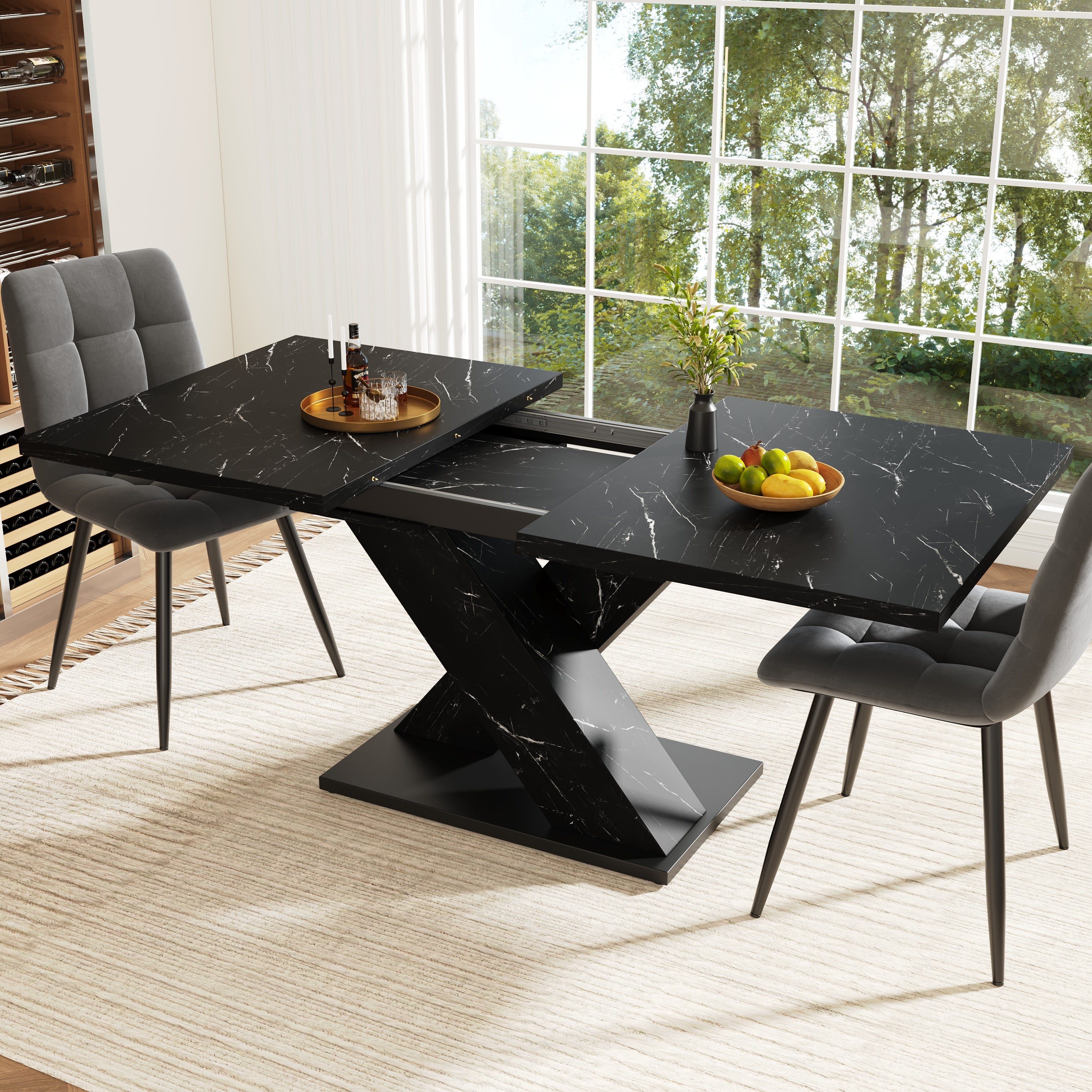 Extendable Dining Table with X-Design for 4-6 People, Black Marble Look