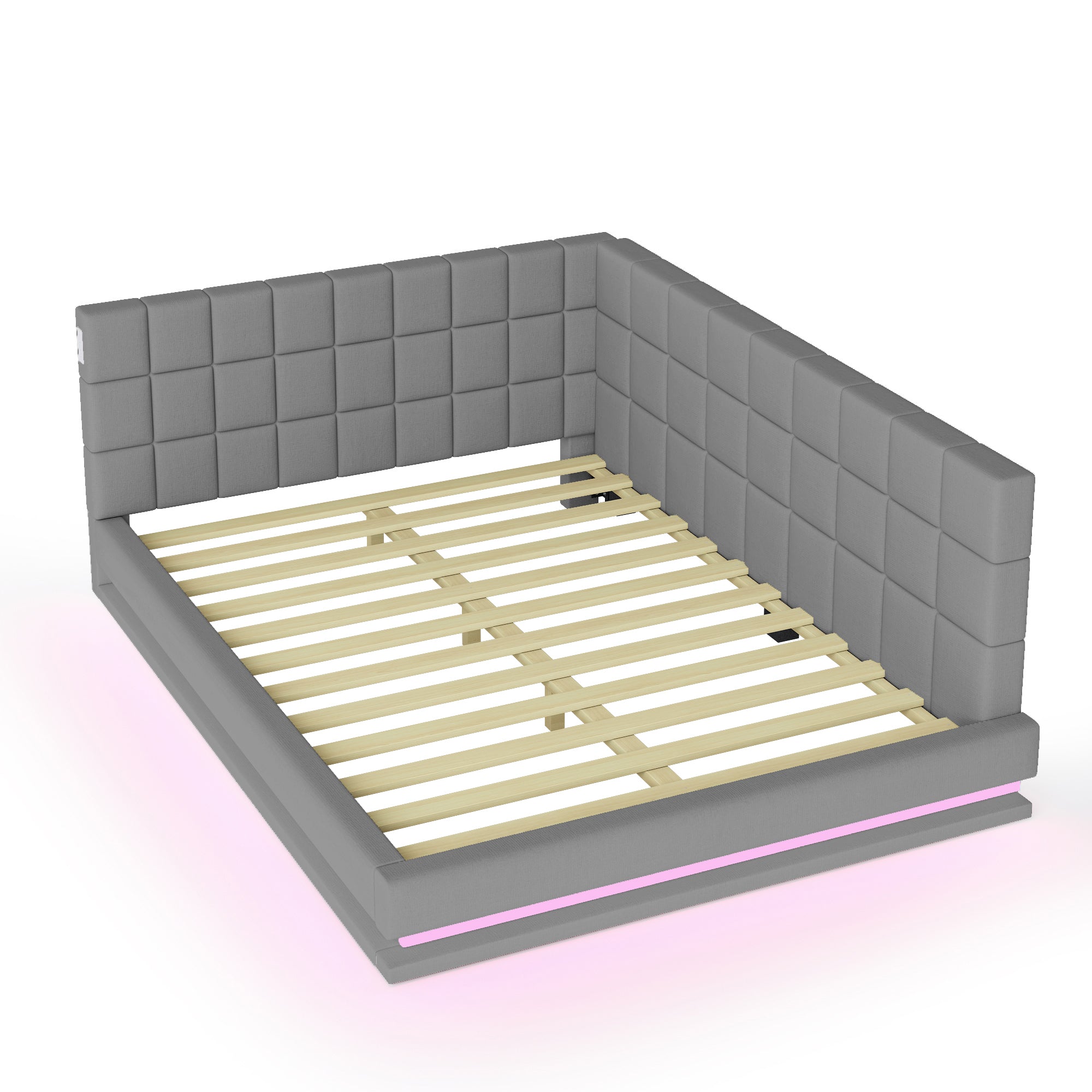 Upholstered Sofa Bed 160*200 Multifunctional with LED & USB, Grey Linen