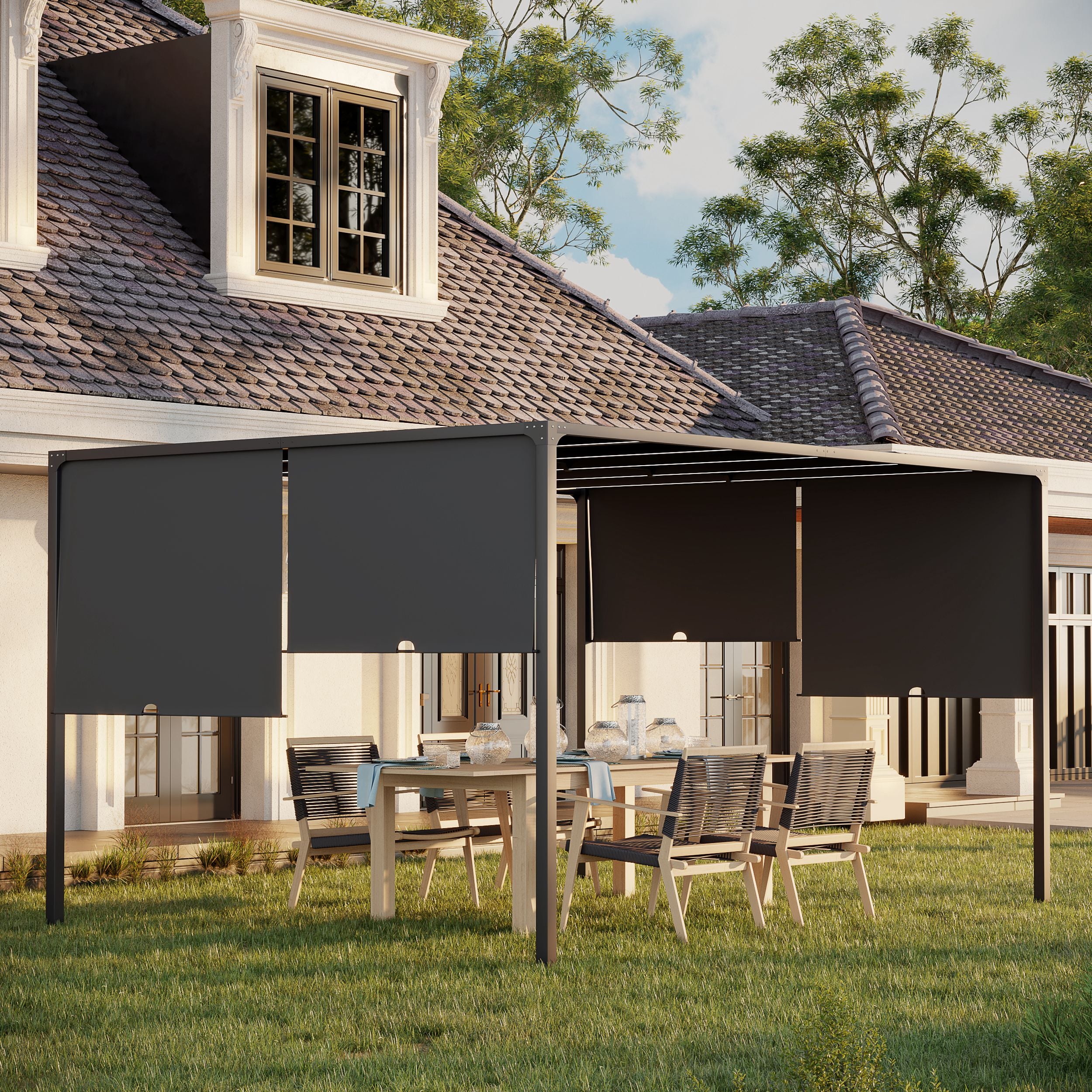 3x4m Metal Pergola, LED Lights Sliding Roof Solar Powered, Dark Grey