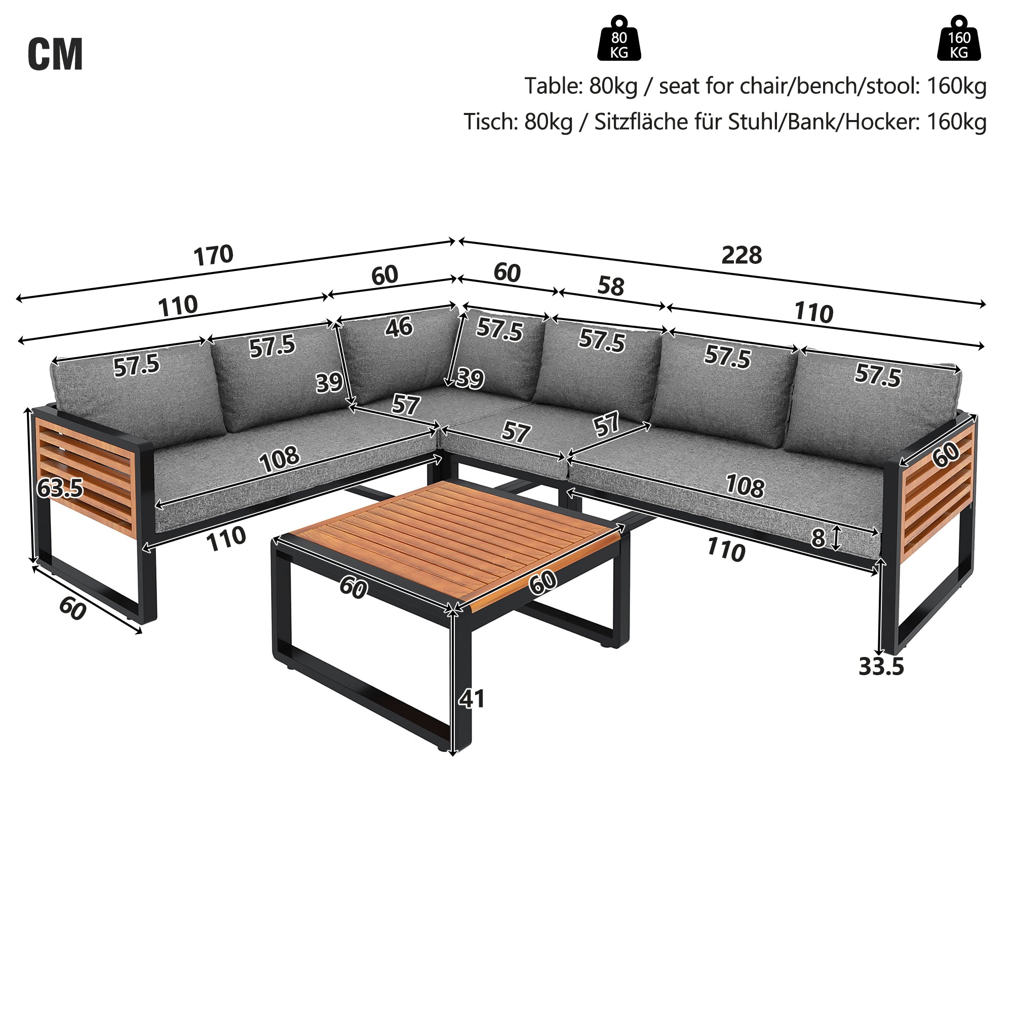 Garden Lounge Set 5-6 Seater Galvanized Iron Frame Wood Armrests