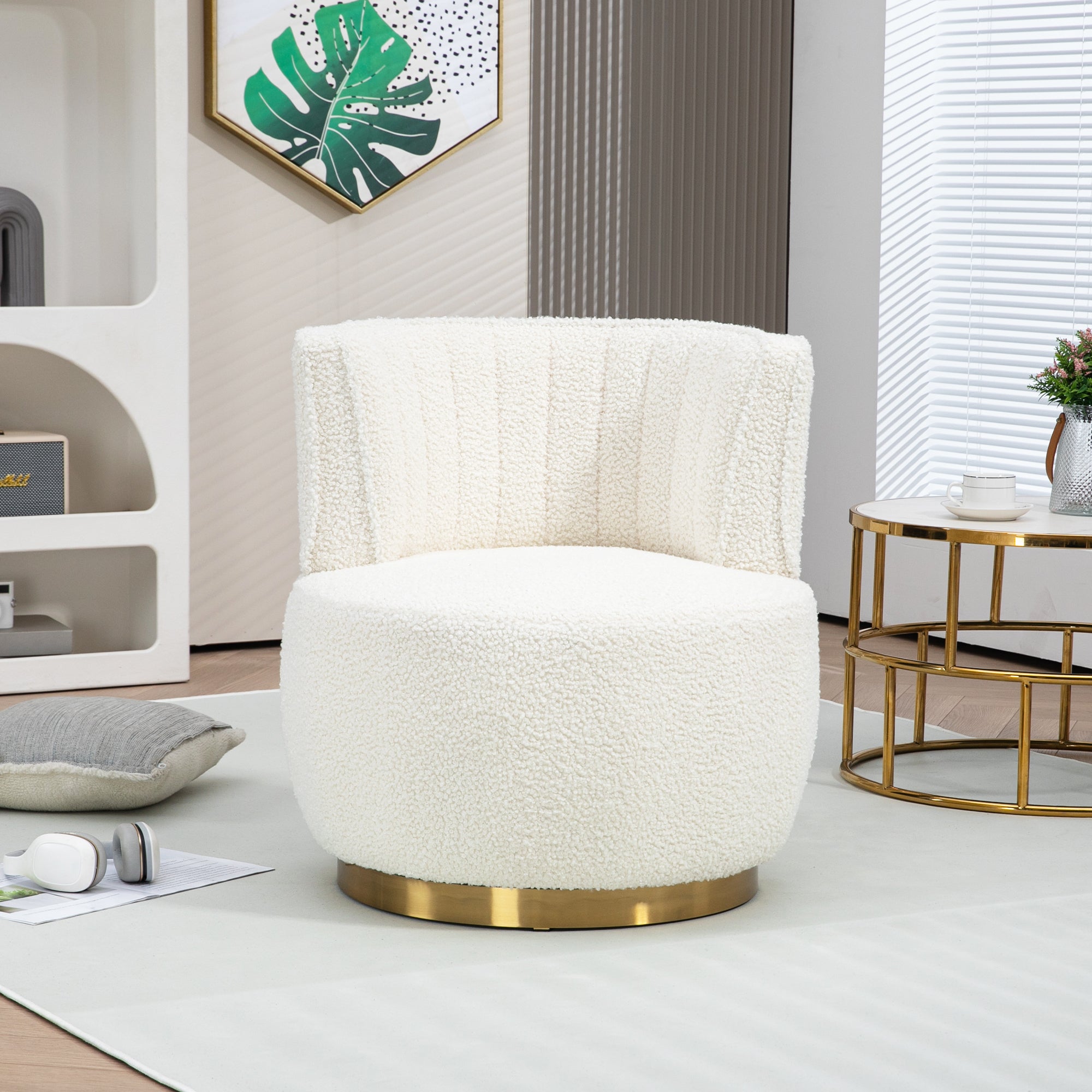 Modern Swivel Chair 360-Degree Comfortable Backrest Teddy Velvet White