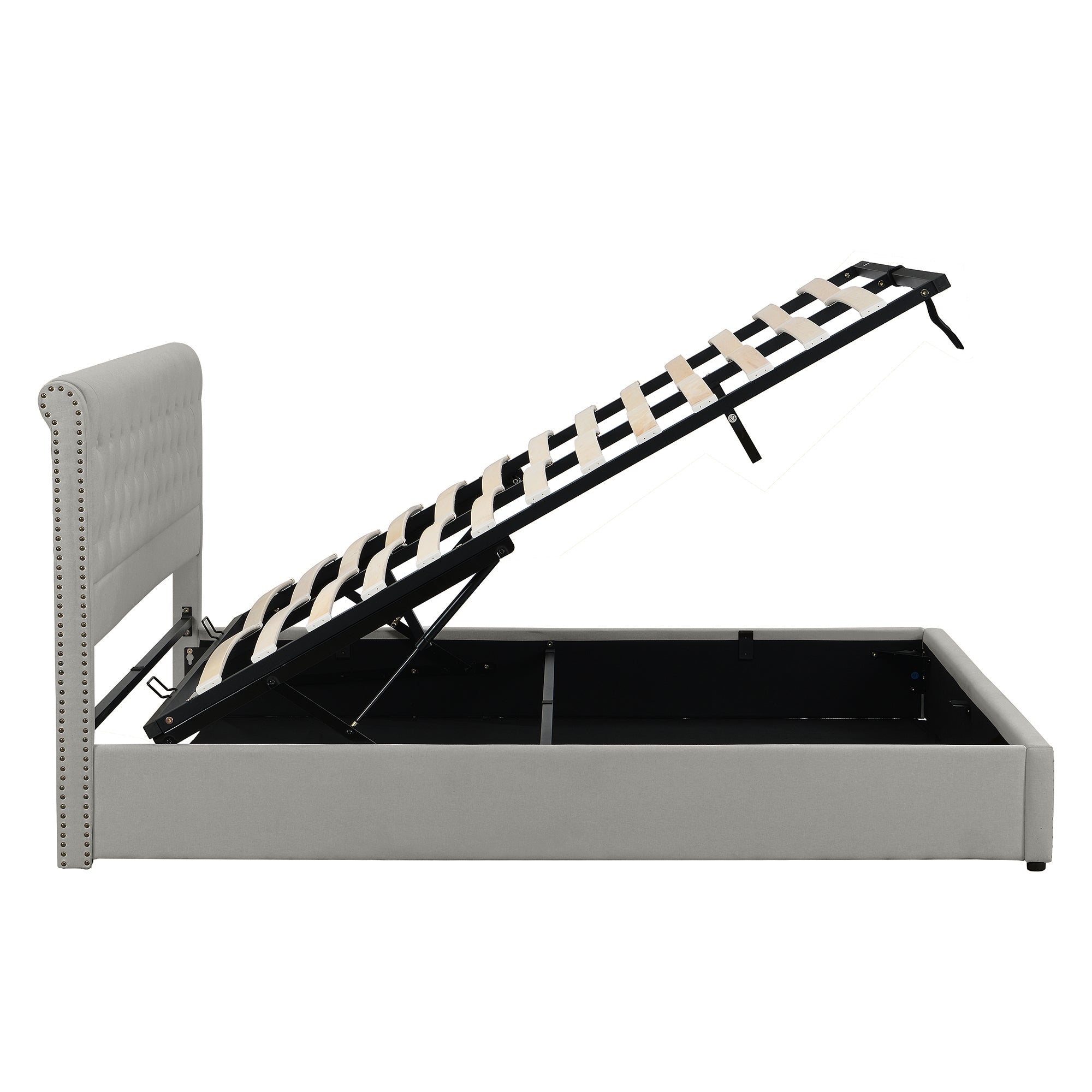 Upholstered Bed, 4ft6 Double (135x190cm) with Hydraulic Lever, Functional Storage, and Rivet Decoration, Light Grey Linen