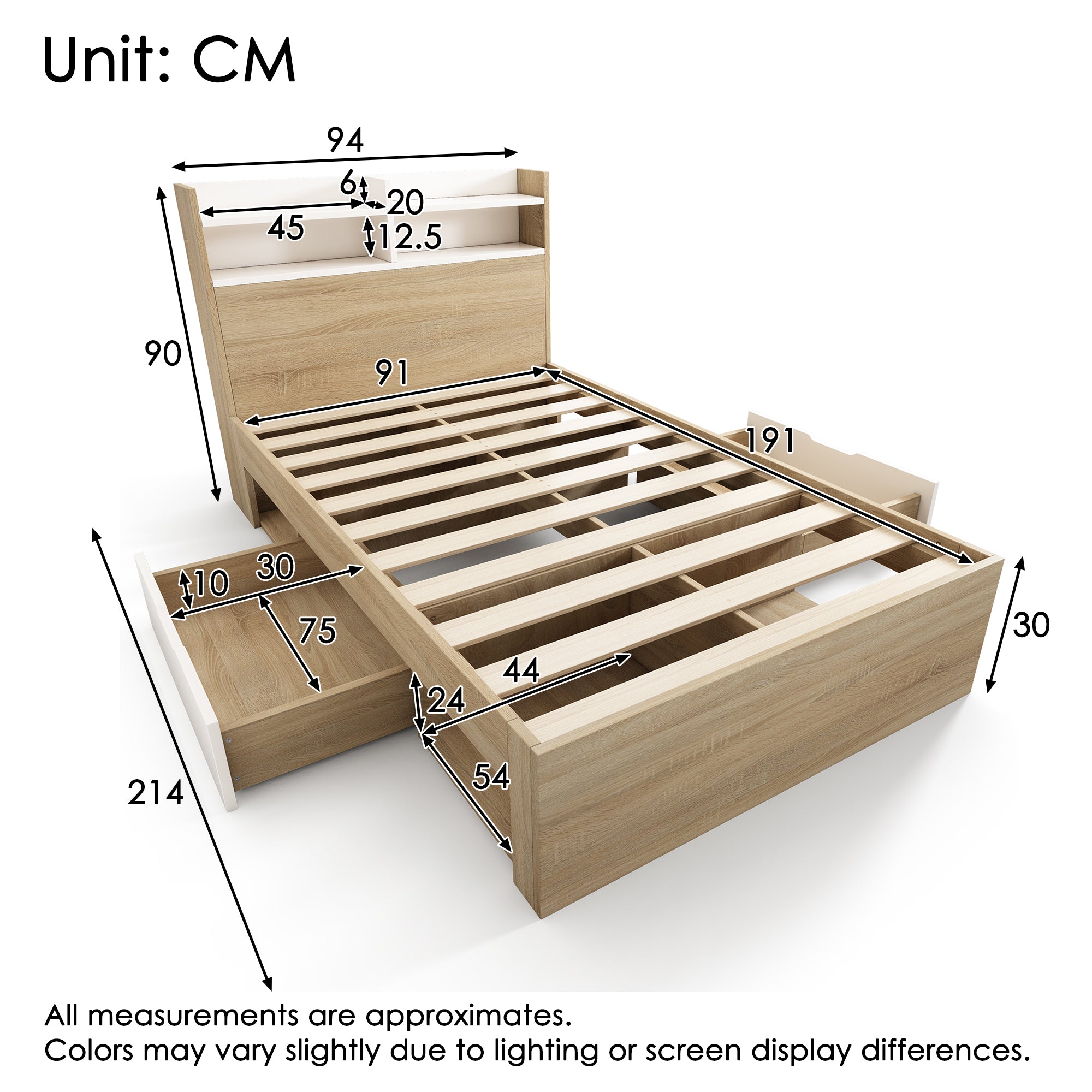 Wooden Single Bed 90x190cm Storage Bed with 2 Drawers Headboard Shelf White/Oak