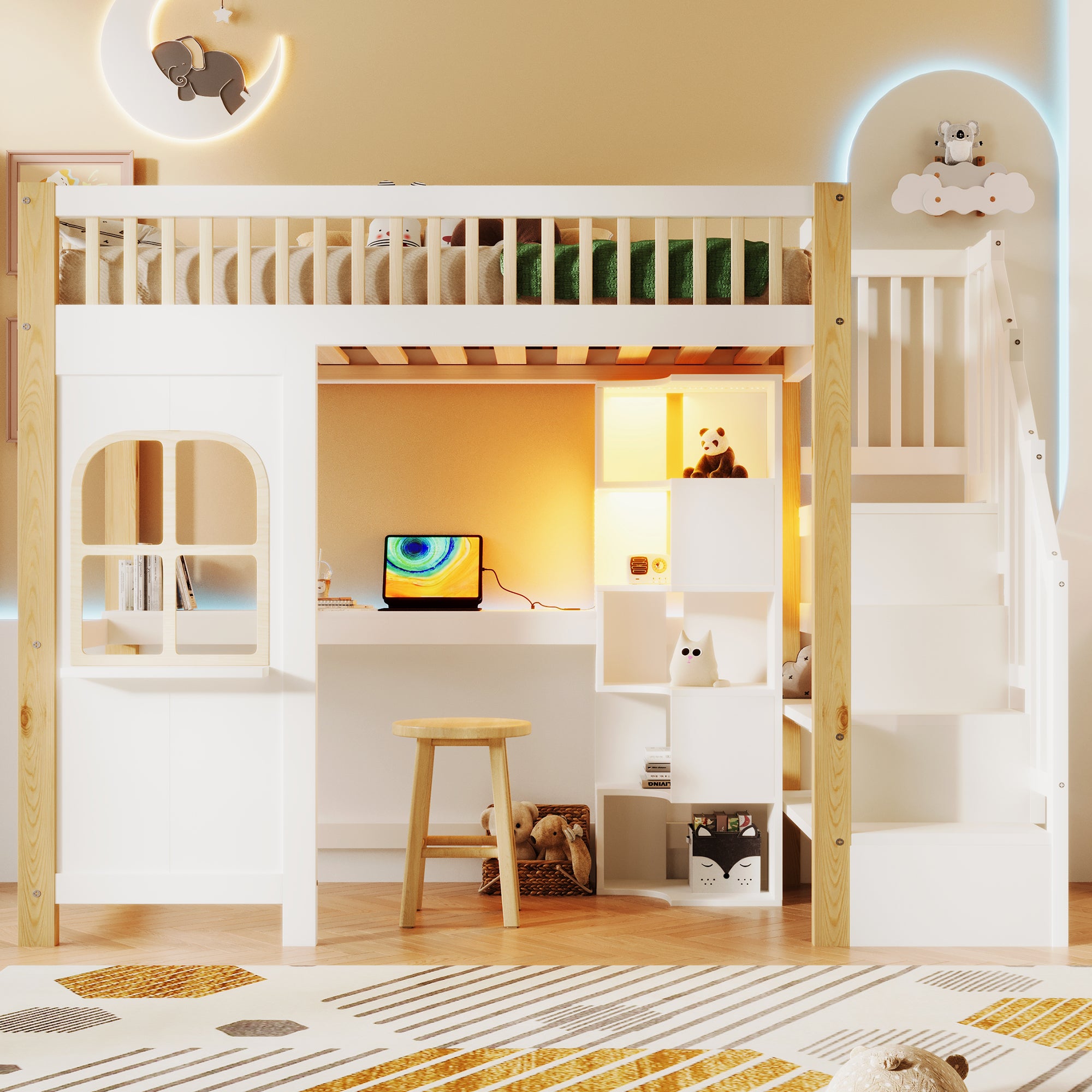 Loft Bed 90x200cm LED Window Design Desk Storage Ladder Power Outlet - White/Natural