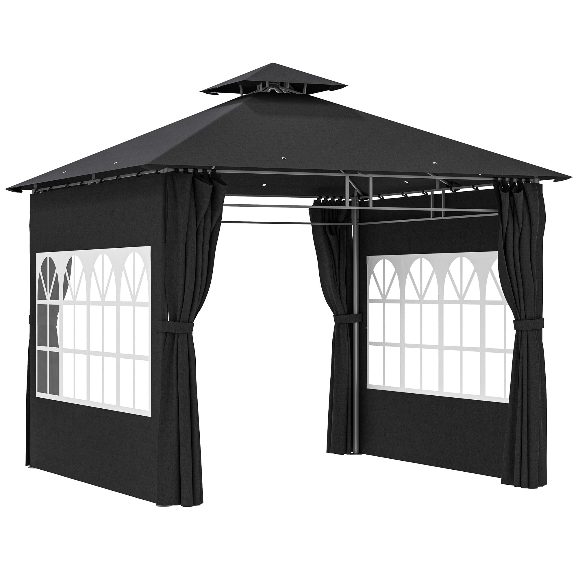 3 x 3 m Garden Gazebo, Double Roof with Removable Sidewalls and Church Windows, Black