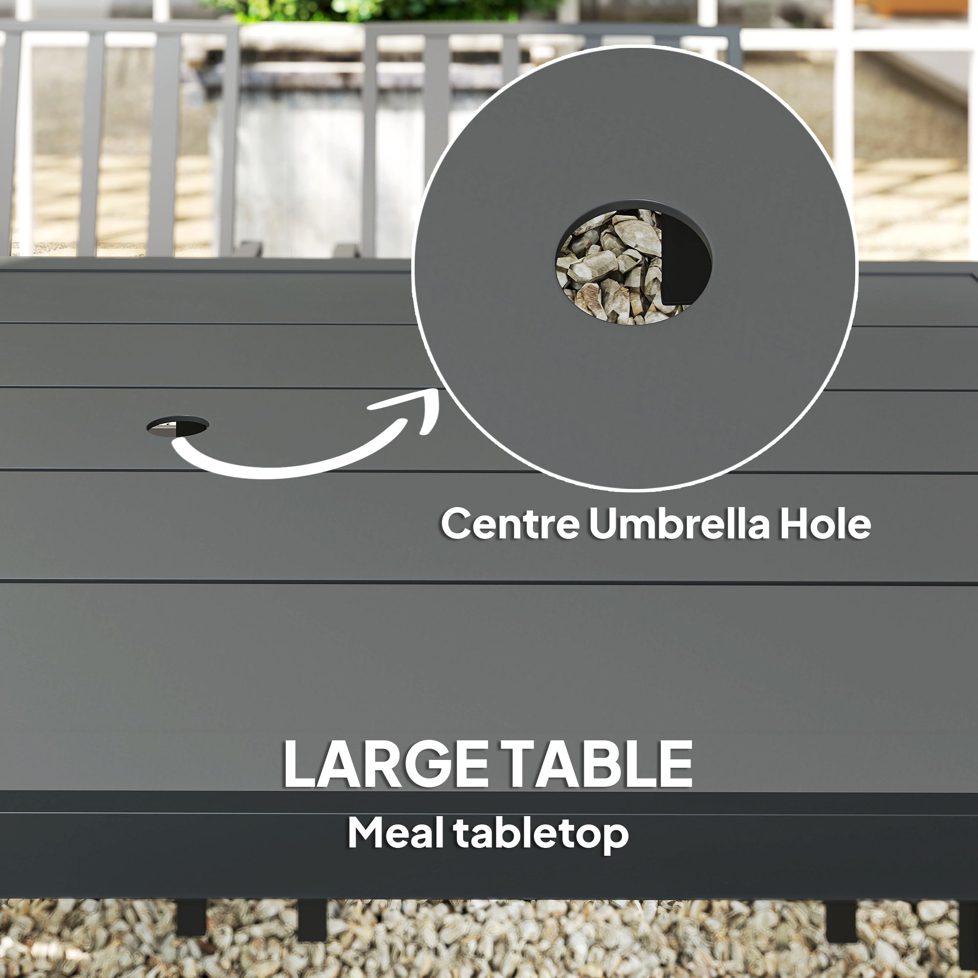 Seven-Piece Garden Dining Set with Parasol Hole - Minimal Metal, Black