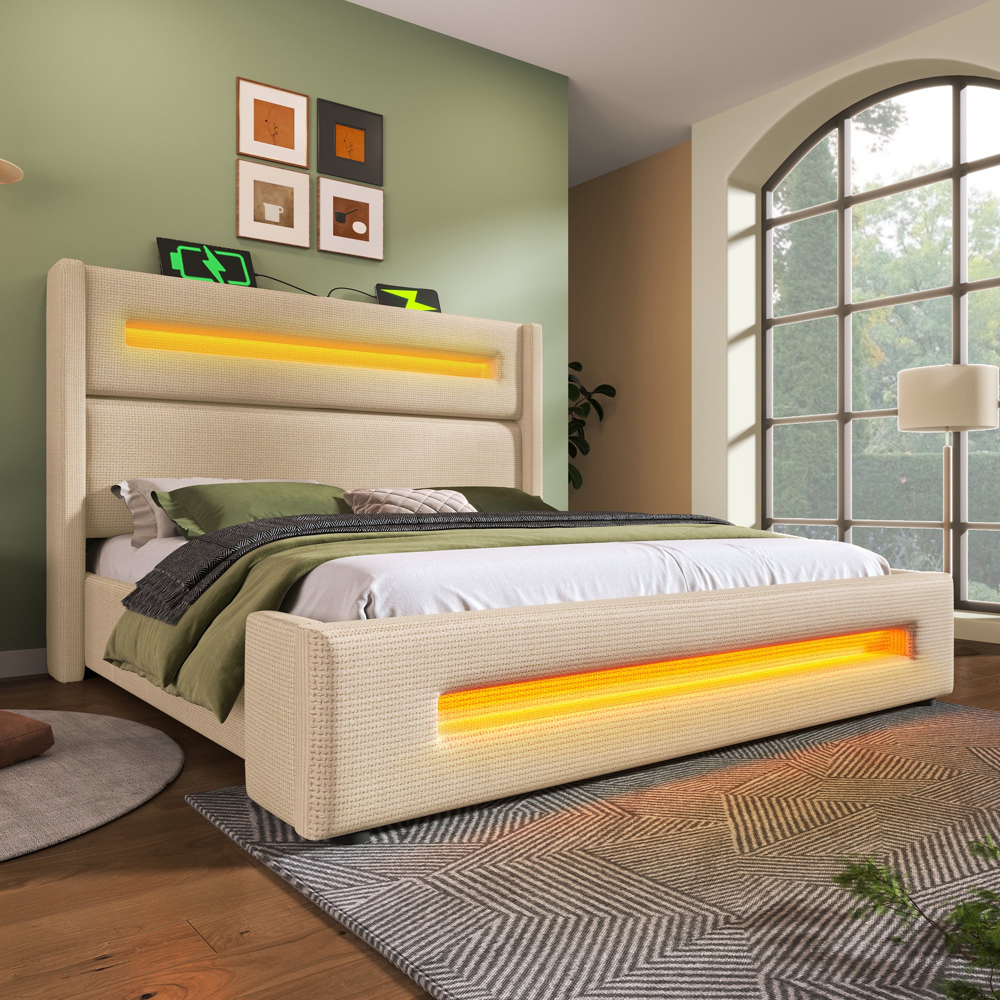 Upholstered Double Bed, 160x200 cm, LED, Hydraulic Storage, USB-C Charging, Metal Frame, Beige Linen