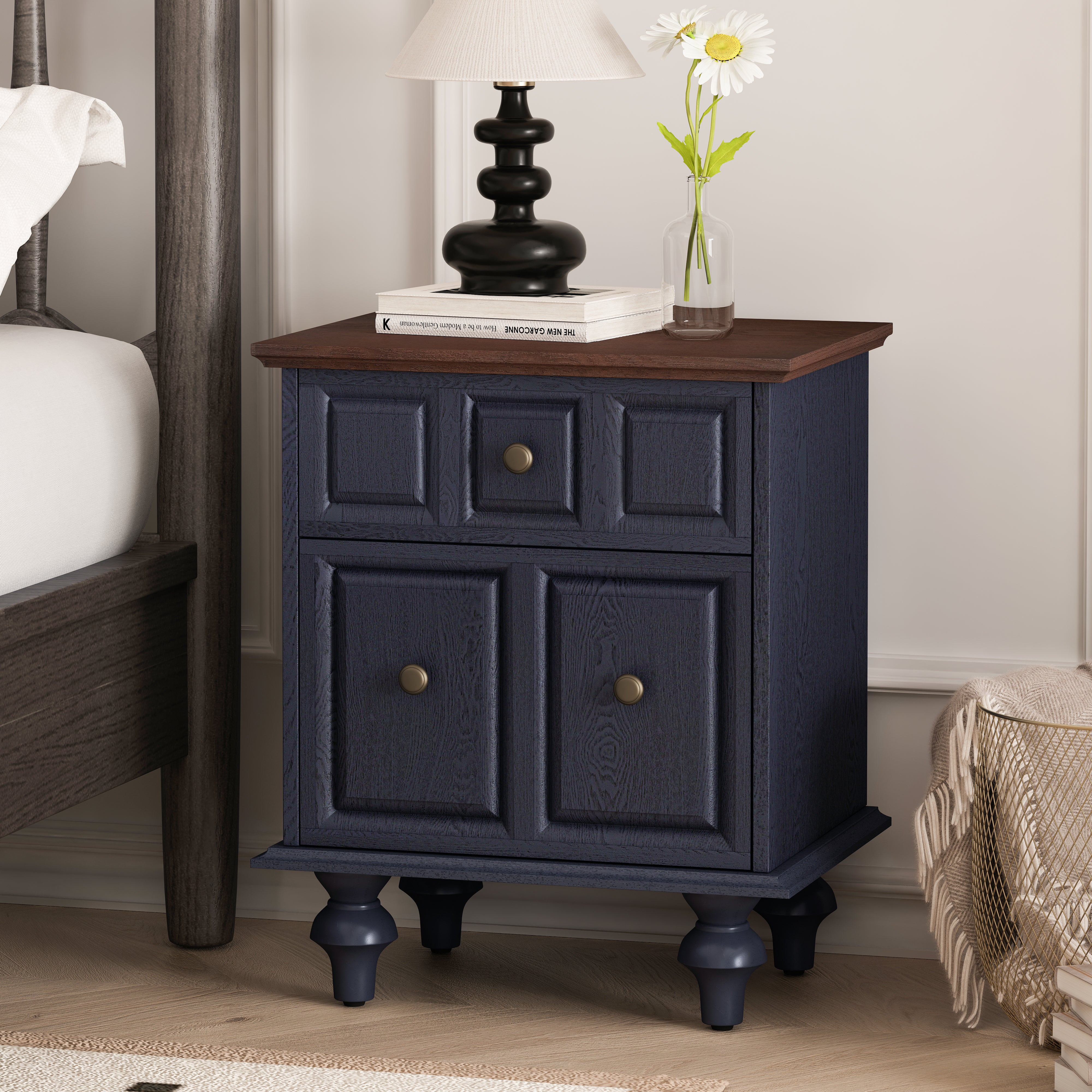 Vintage Bedside Table 52CM with 2 Drawers Roman Column Legs Solid Wood Dark Blue