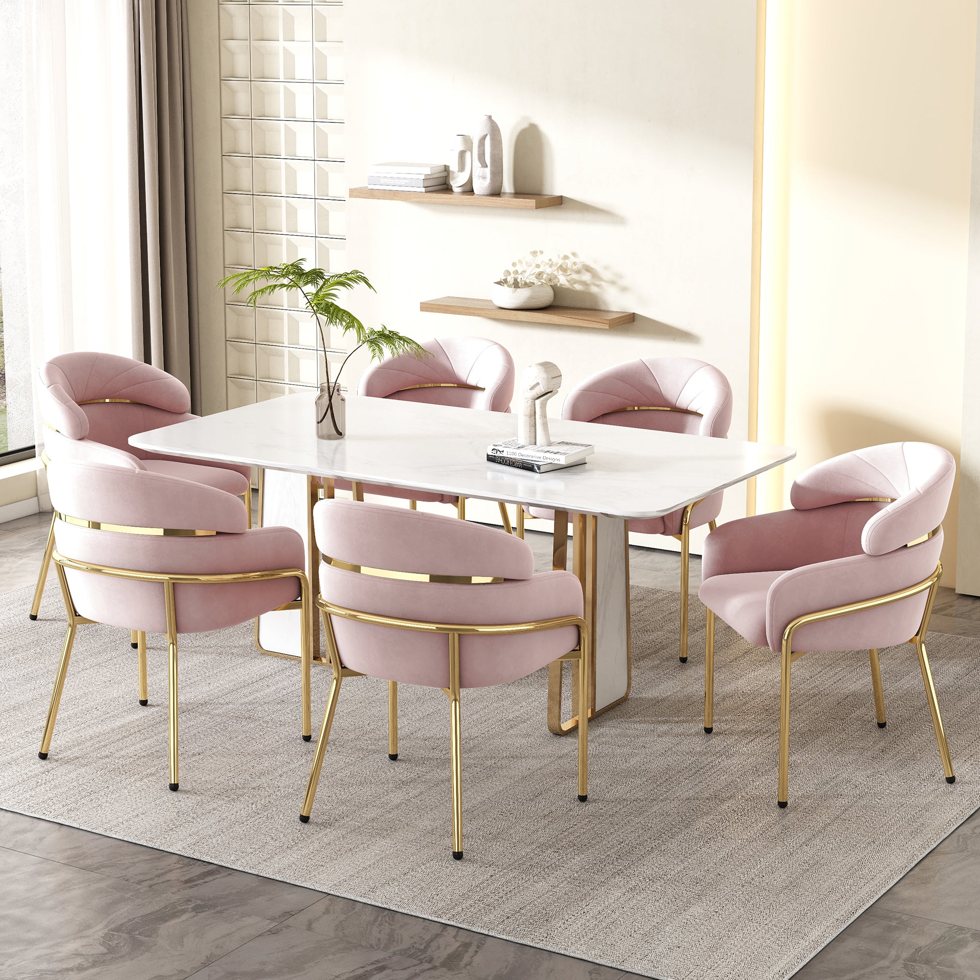 Dining Chair, Single Light Luxury Leisure with Four Metal Legs, Pink Velvet