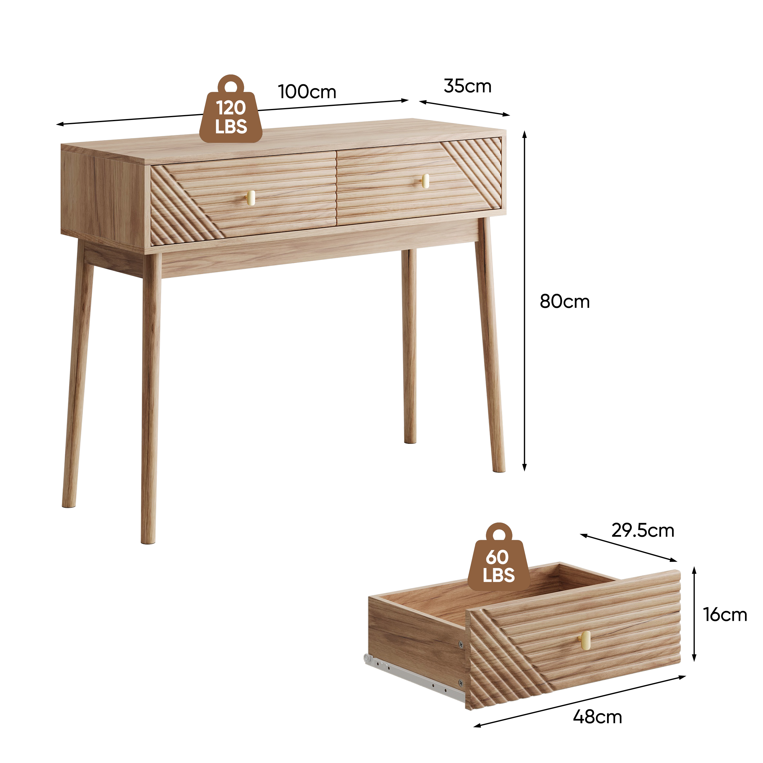 Mid-Century Modern Console Table with Drawers and Open Shelves, Oak Color