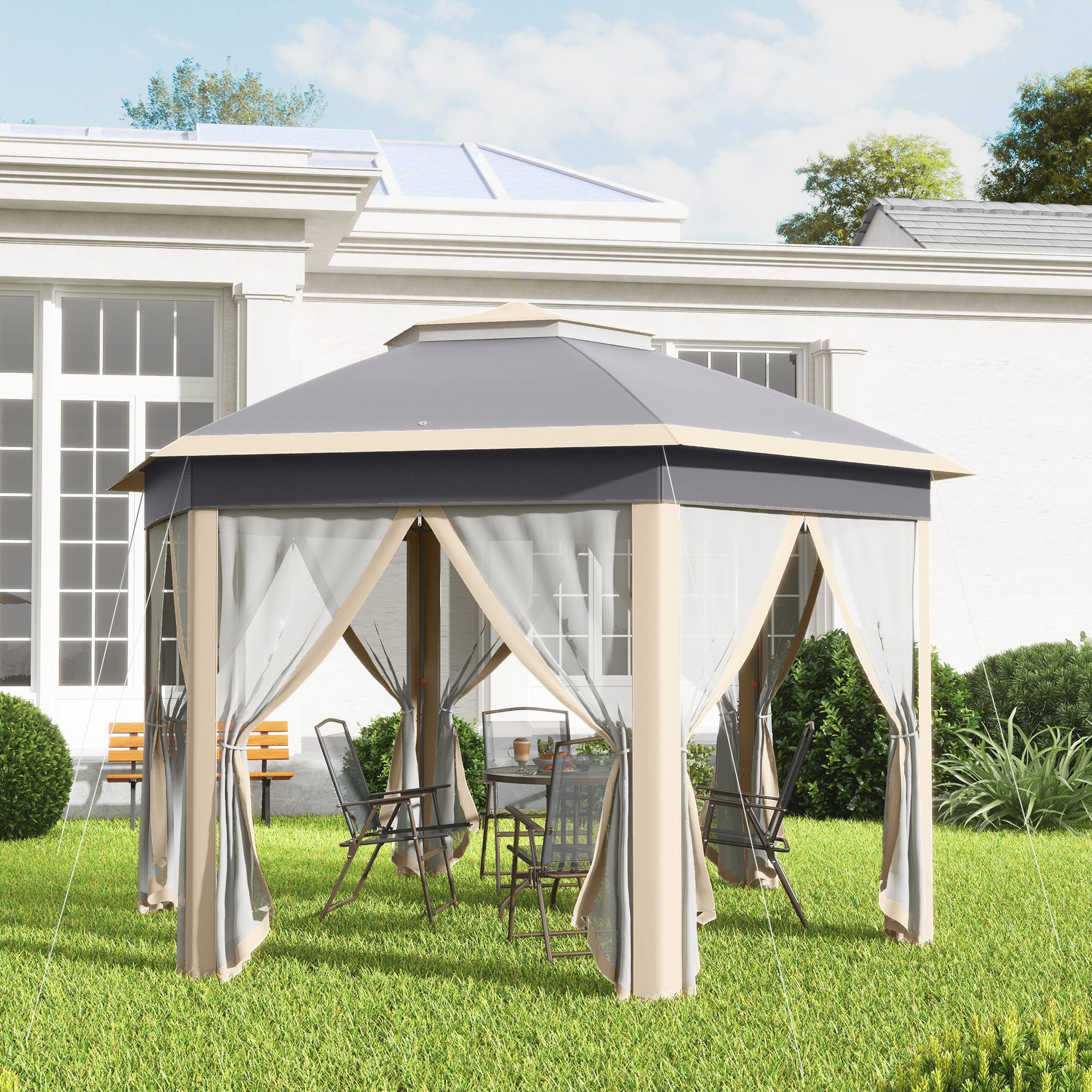 Pop-up Folding Pavilion, Hexagonal 4x4m Water UV-Resistant Double Roof, Polyester Beige/Khaki
