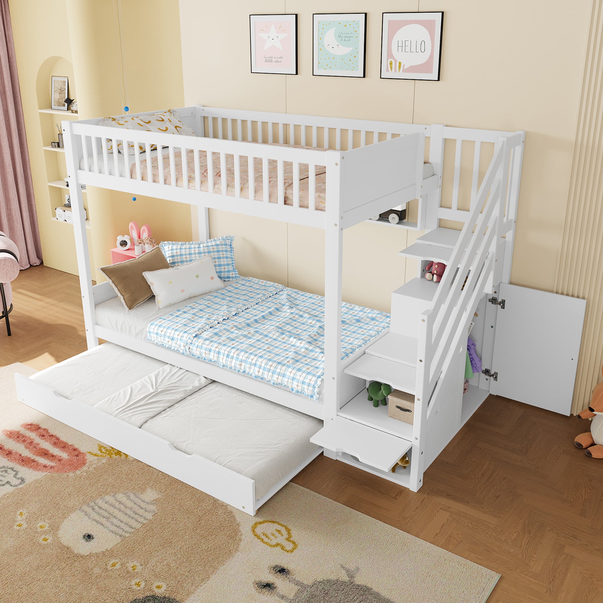 Bunk Bed with Pull-Out Bed, Wardrobe, Storage, 90x200cm, White