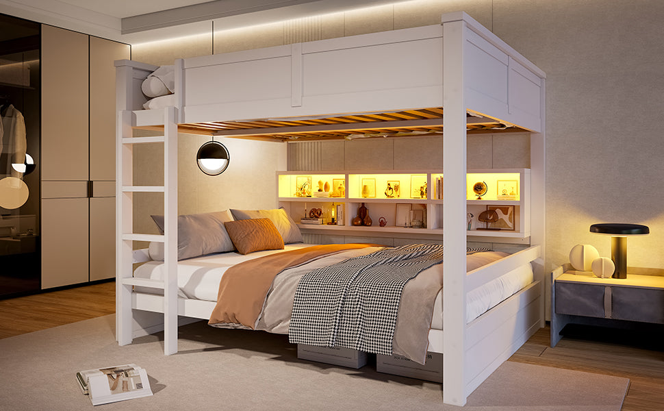 Bunk Bed 160x200 with Storage Cabinets and LED Light, White