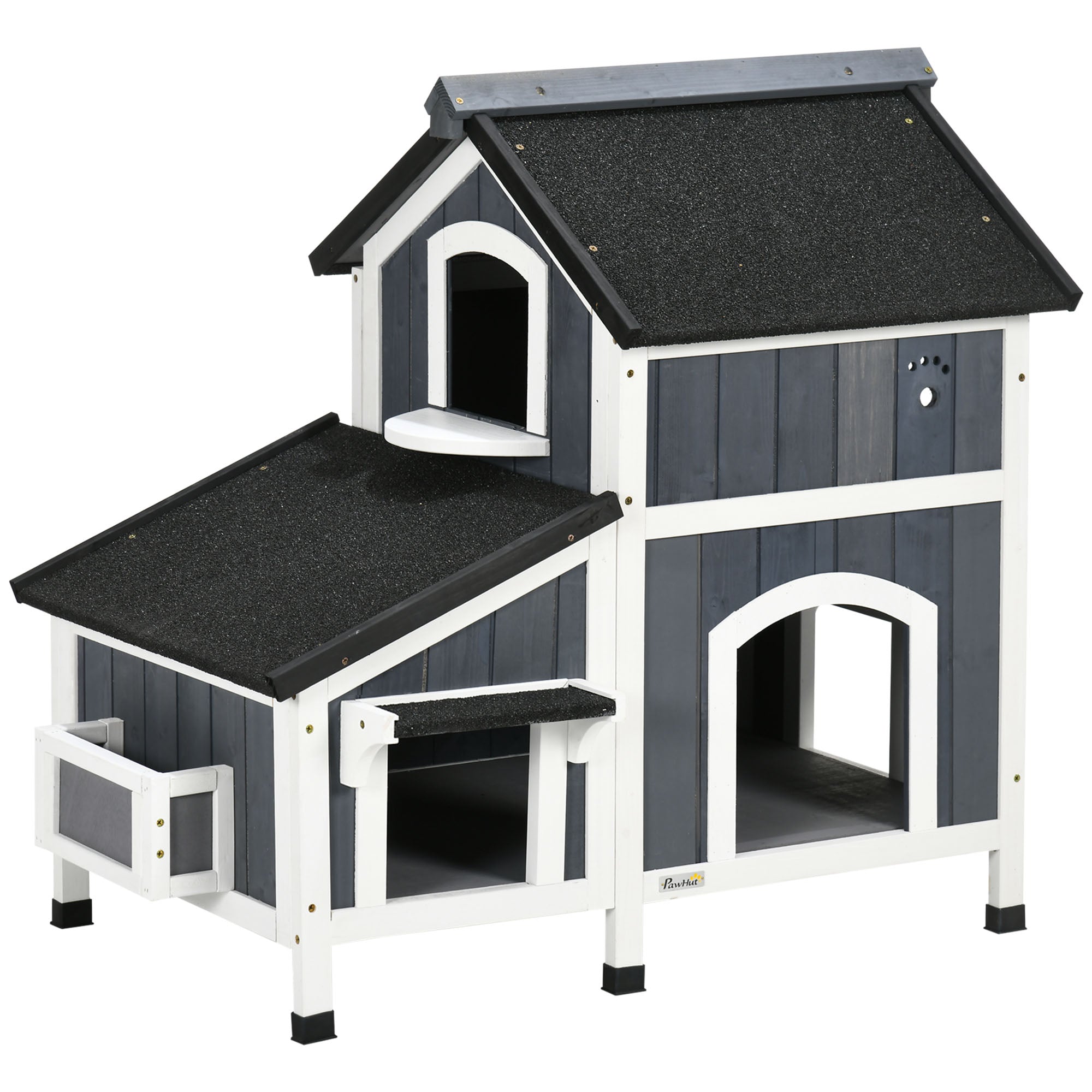 Fir Wood Cat House, 2-Level Multi-Entrance Cat Hut with Asphalt Roof