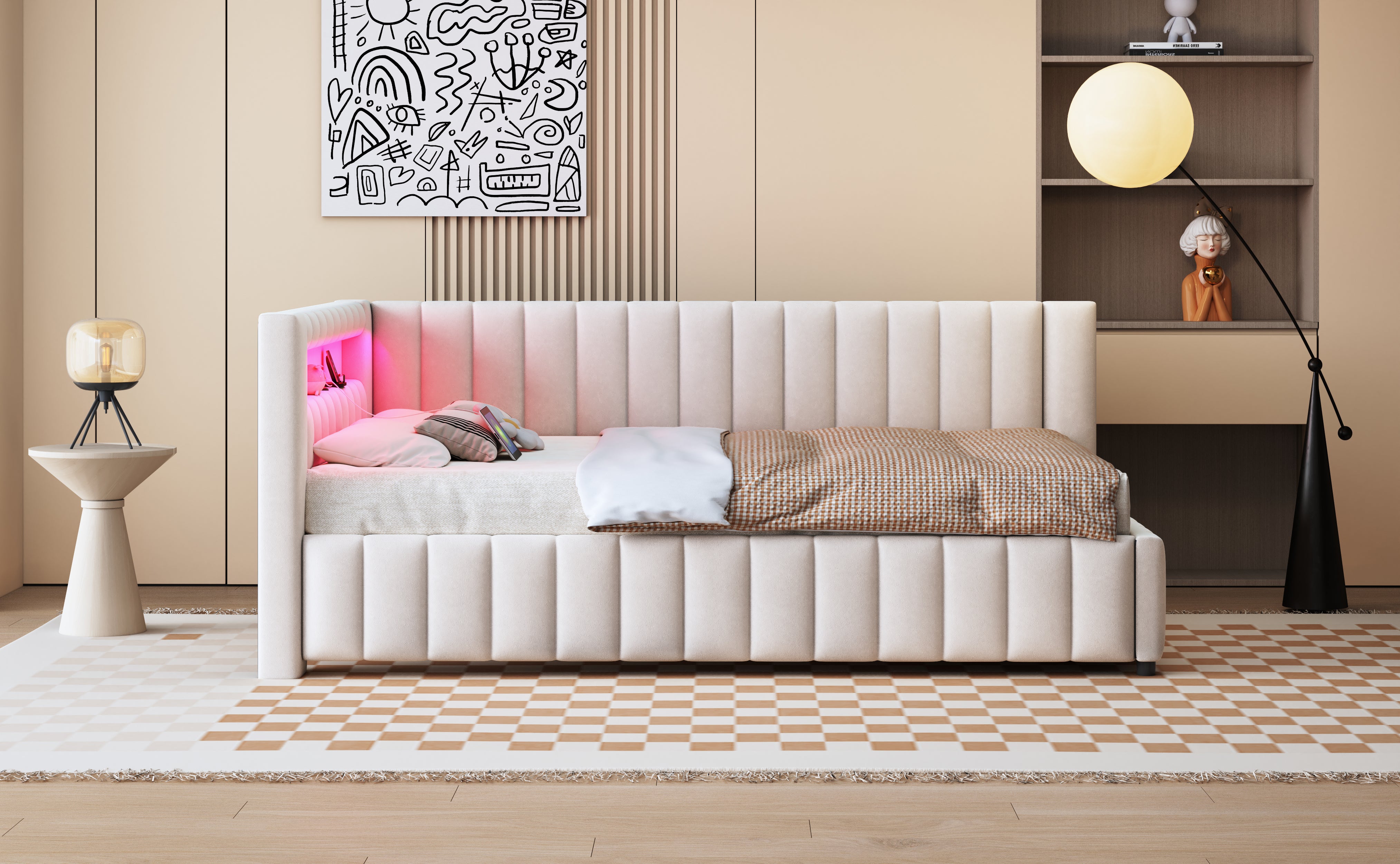 Upholstered Sofa Bed 140x200 with LED & USB Charging Port, Velvet Beige