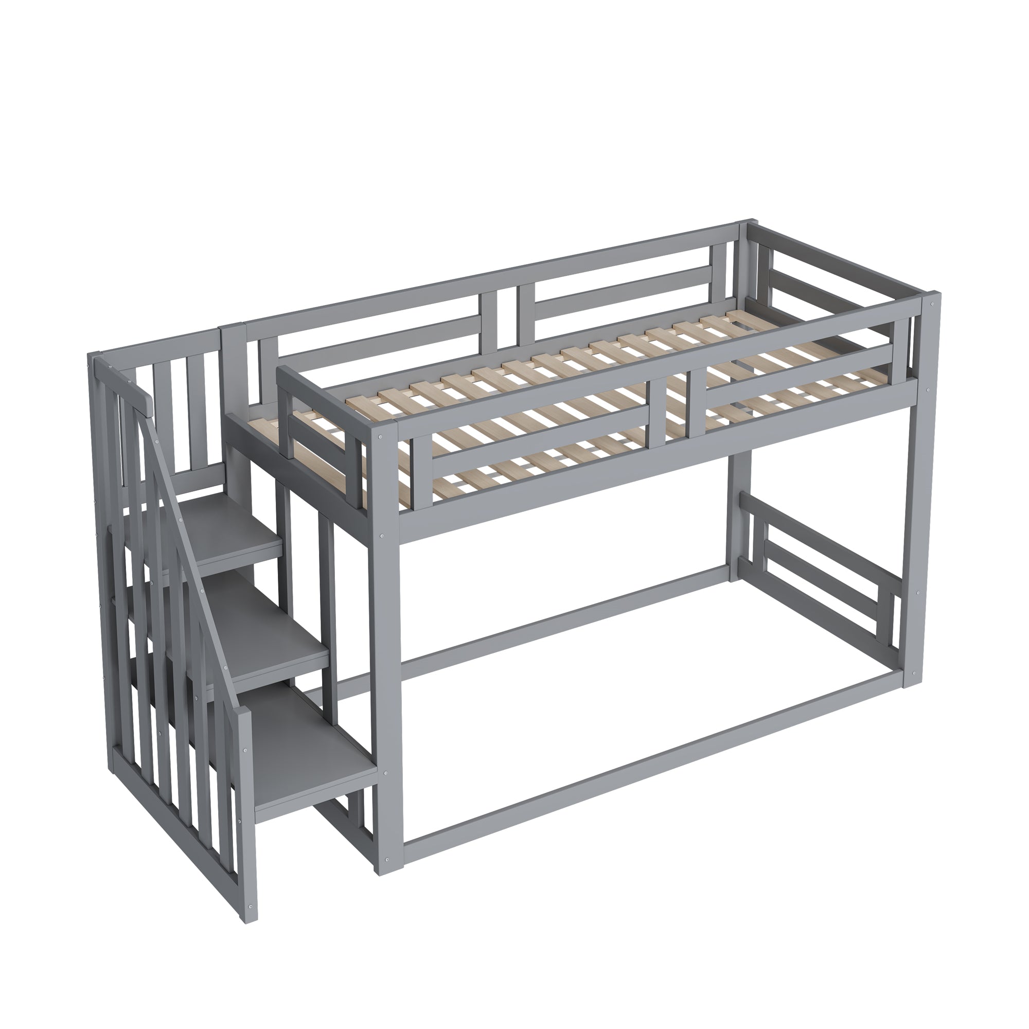 Children's Bed, Low Bunk with Safety Stairs, Solid Wood Gray