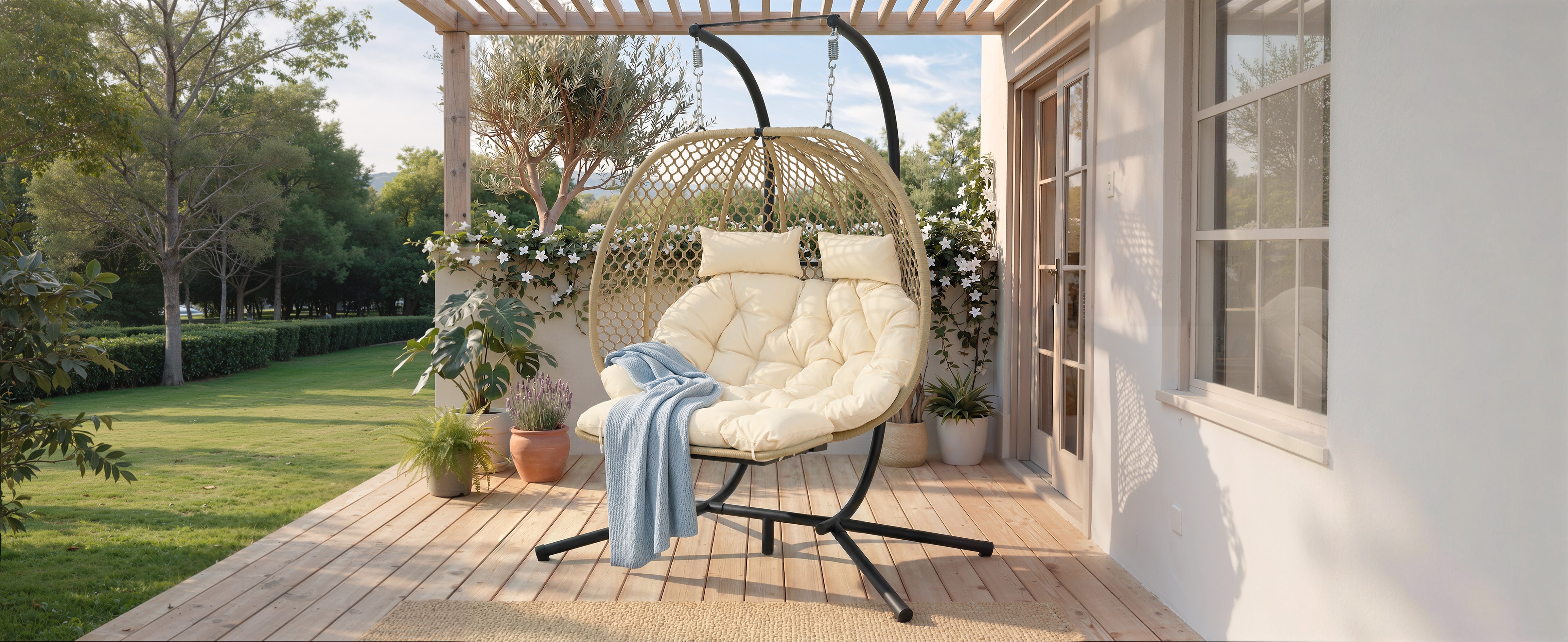 Double Hanging Egg Chair with Stand, Seat Cushion and Footrest, Outdoor/Indoor, Metal and Rattan