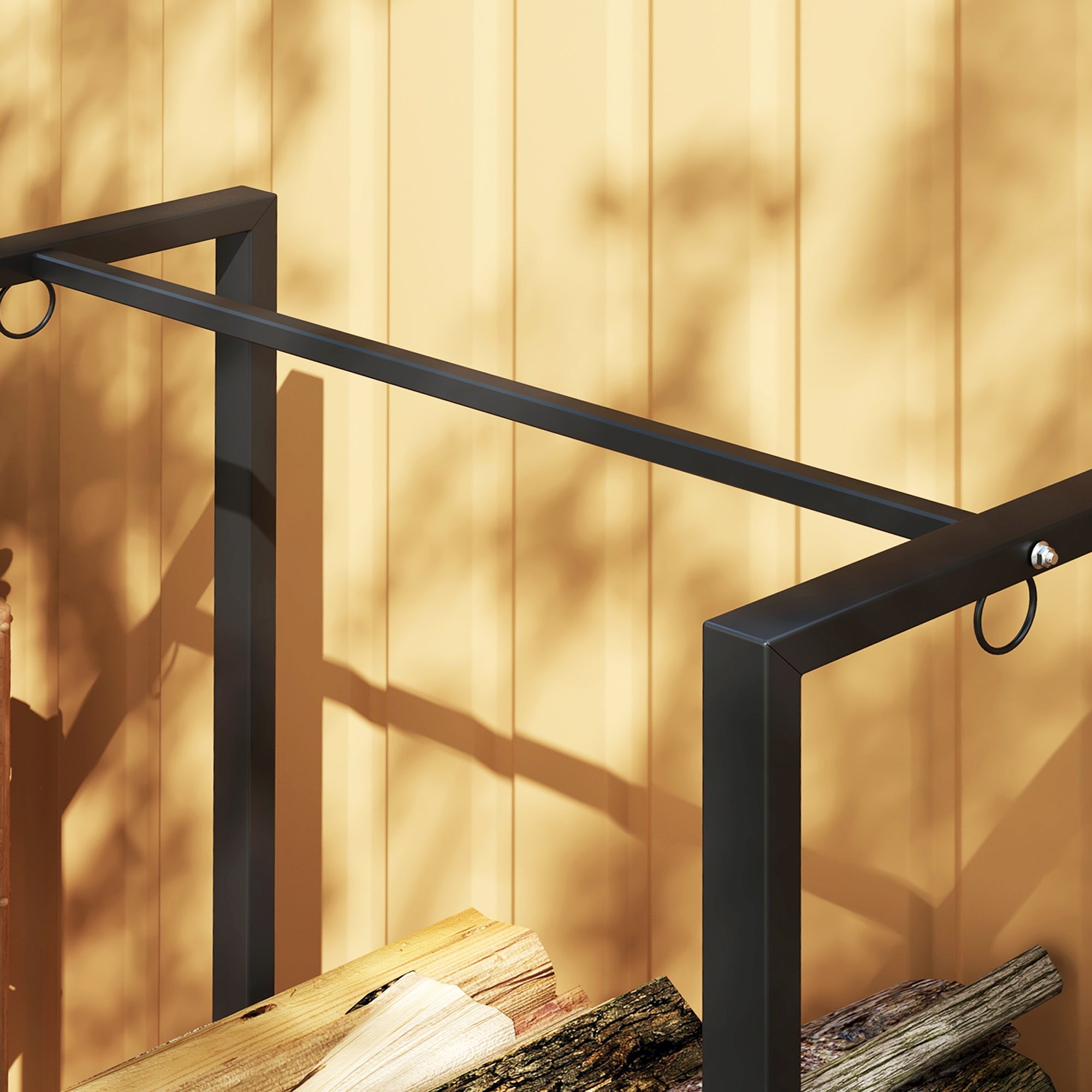 Firewood Rack with Two Sections, Three Hooks, 200 kg Load Capacity, Steel, Black