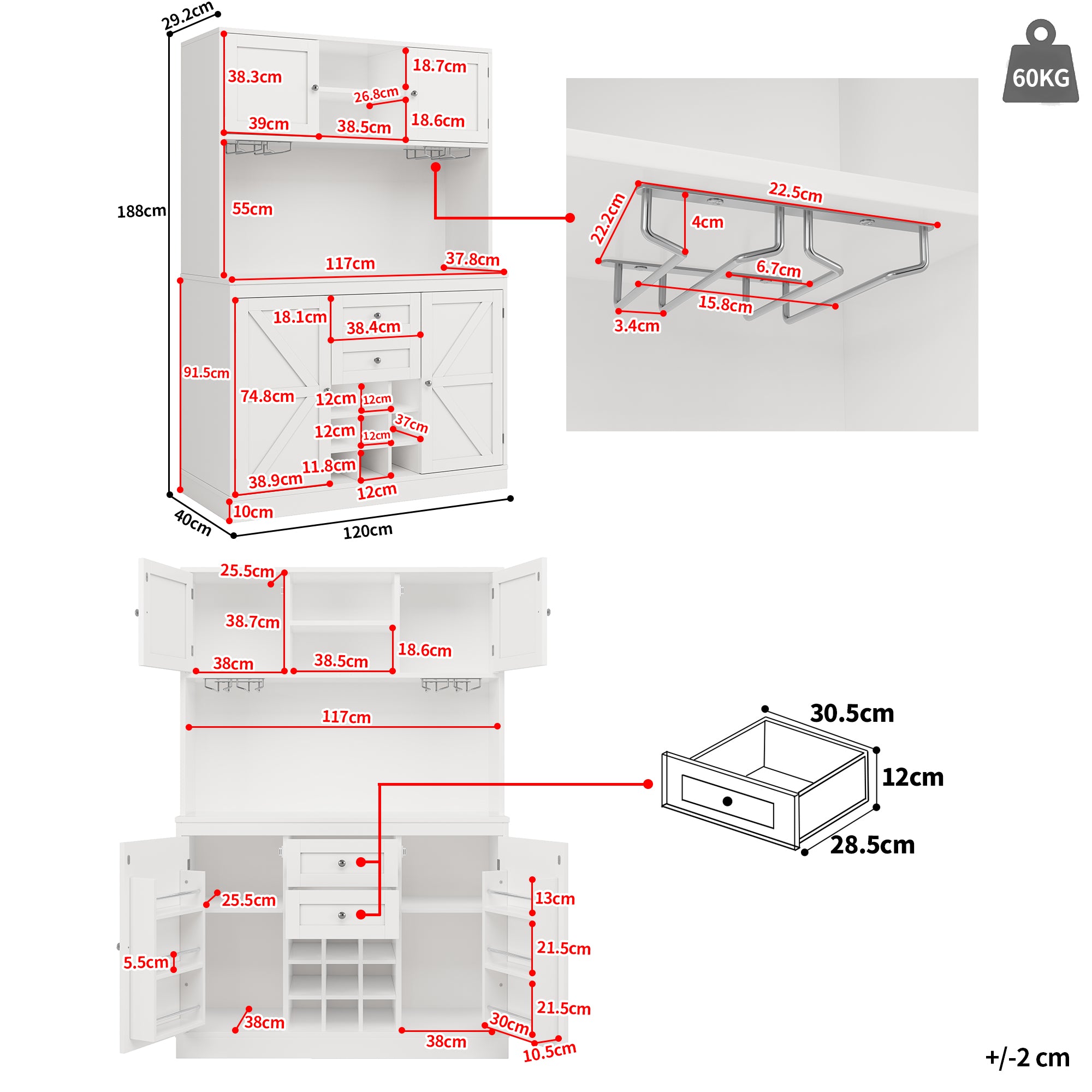Tall Kitchen Cabinet Buffet with Adjustable Shelves Wine Rack 4 Doors 2 Drawers - White