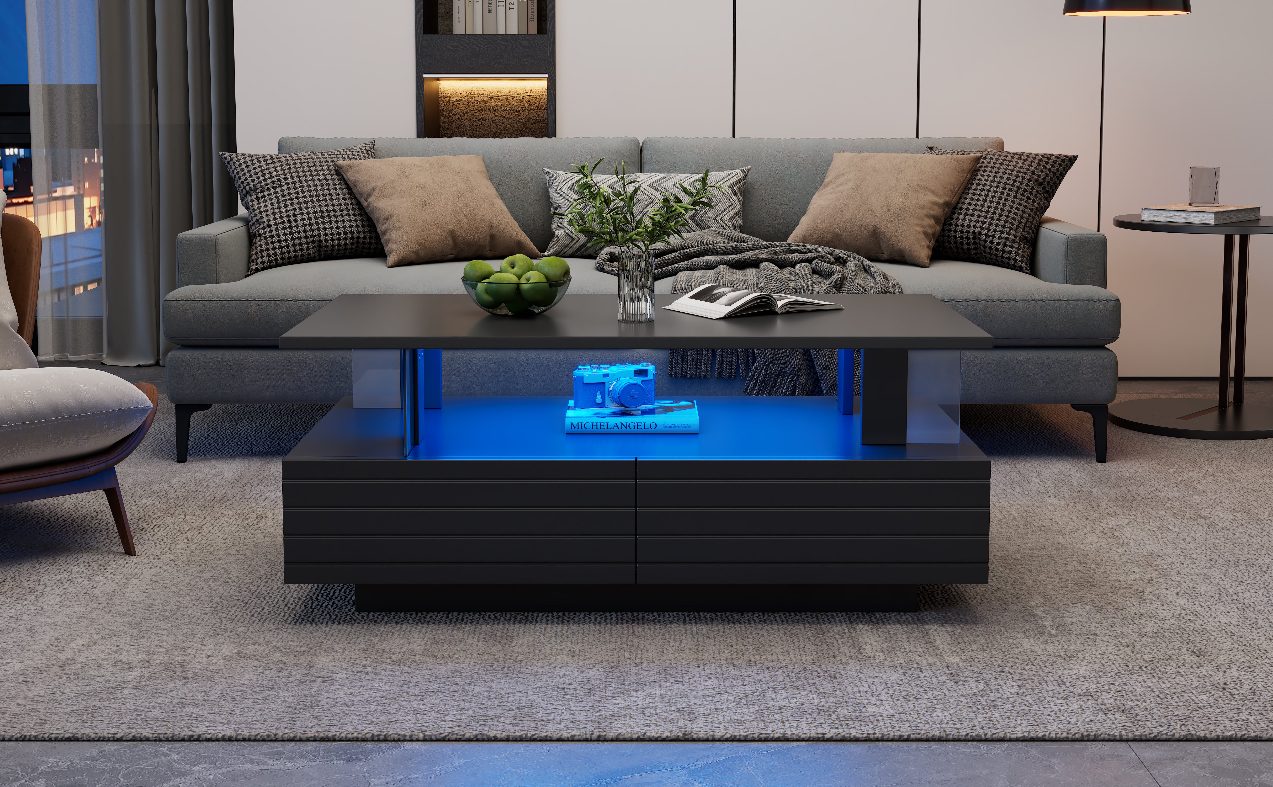 Coffee Table with LED and 2 Drawers, Black Particleboard + Acrylic