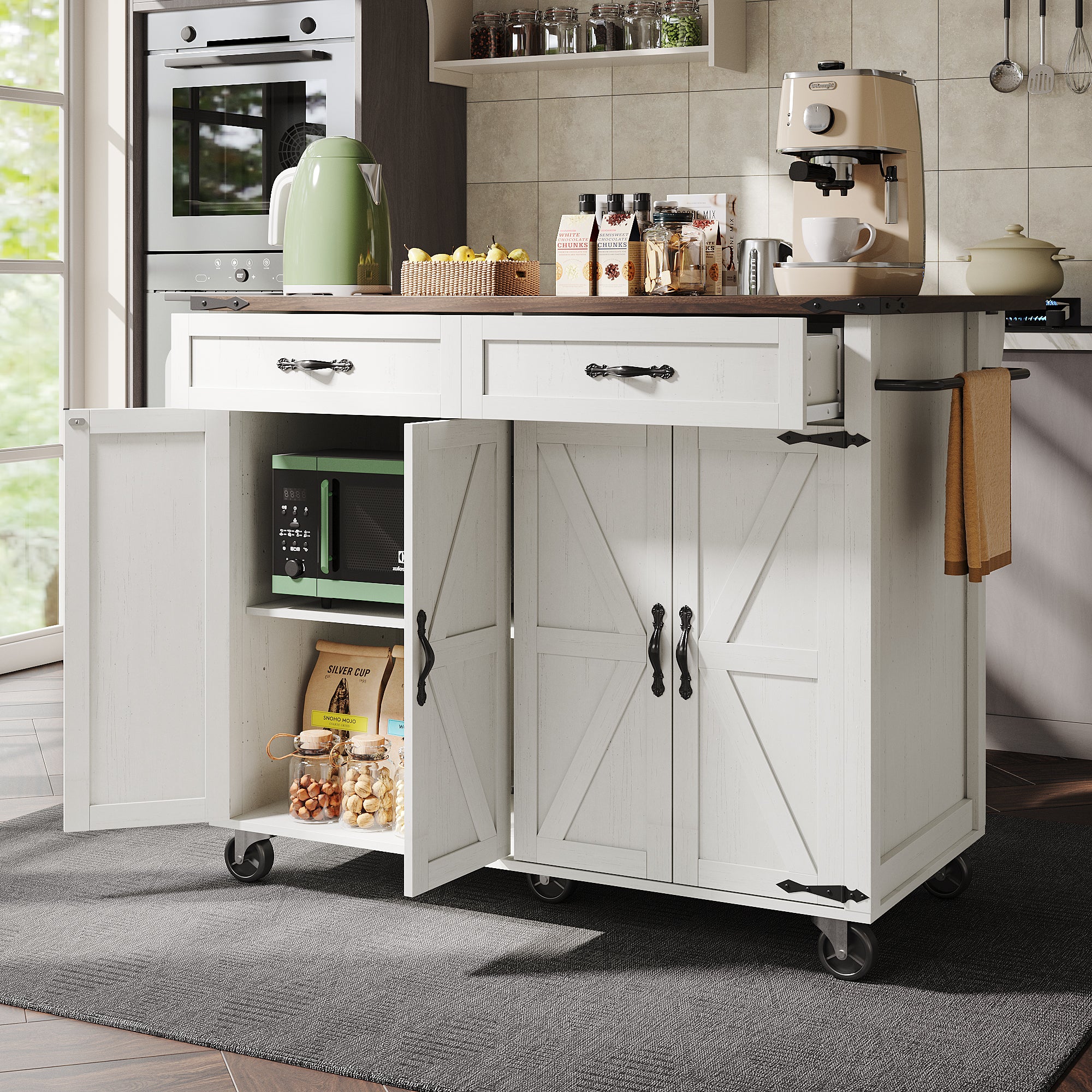 Kitchen Island Serving Trolley, Pull-Out Worktop Storage with 4 Doors and 2 Drawers, Wood Grain