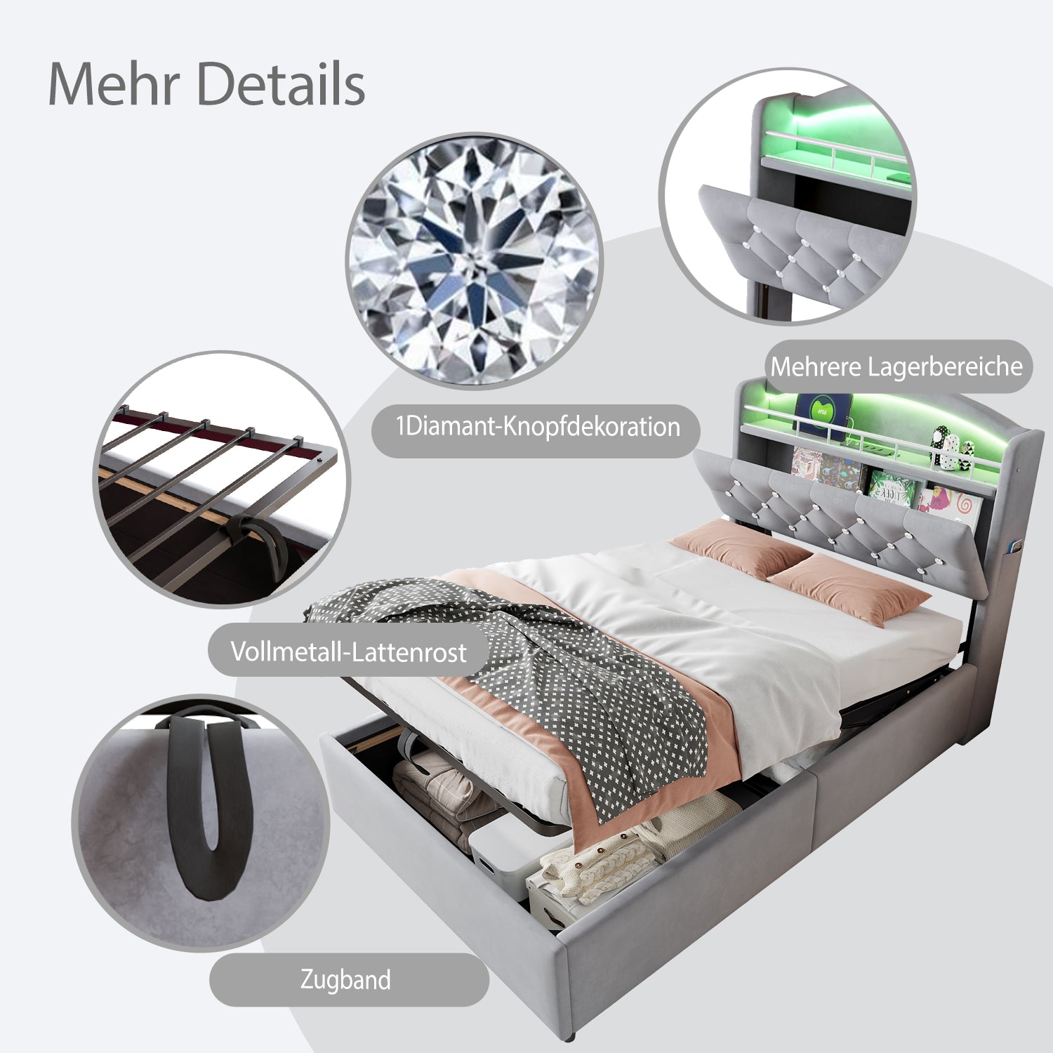 Children's Upholstered Bed, 90x200 Single with Storage, LED & USB, Grey Velvet