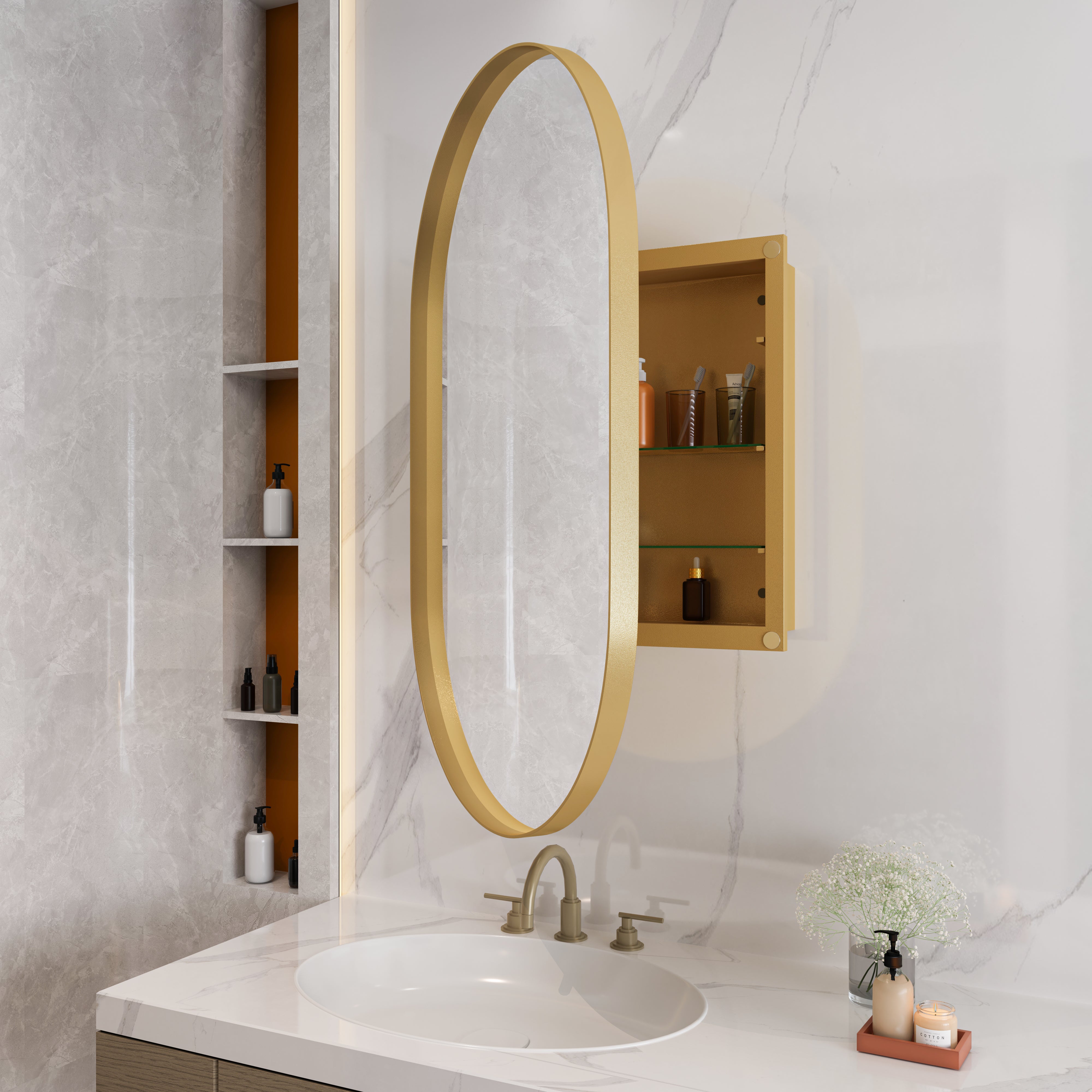 Oval Mirror Cabinet, Recessed Medicine Wall Storage Adjustable Shelves, Gold Metal Framed