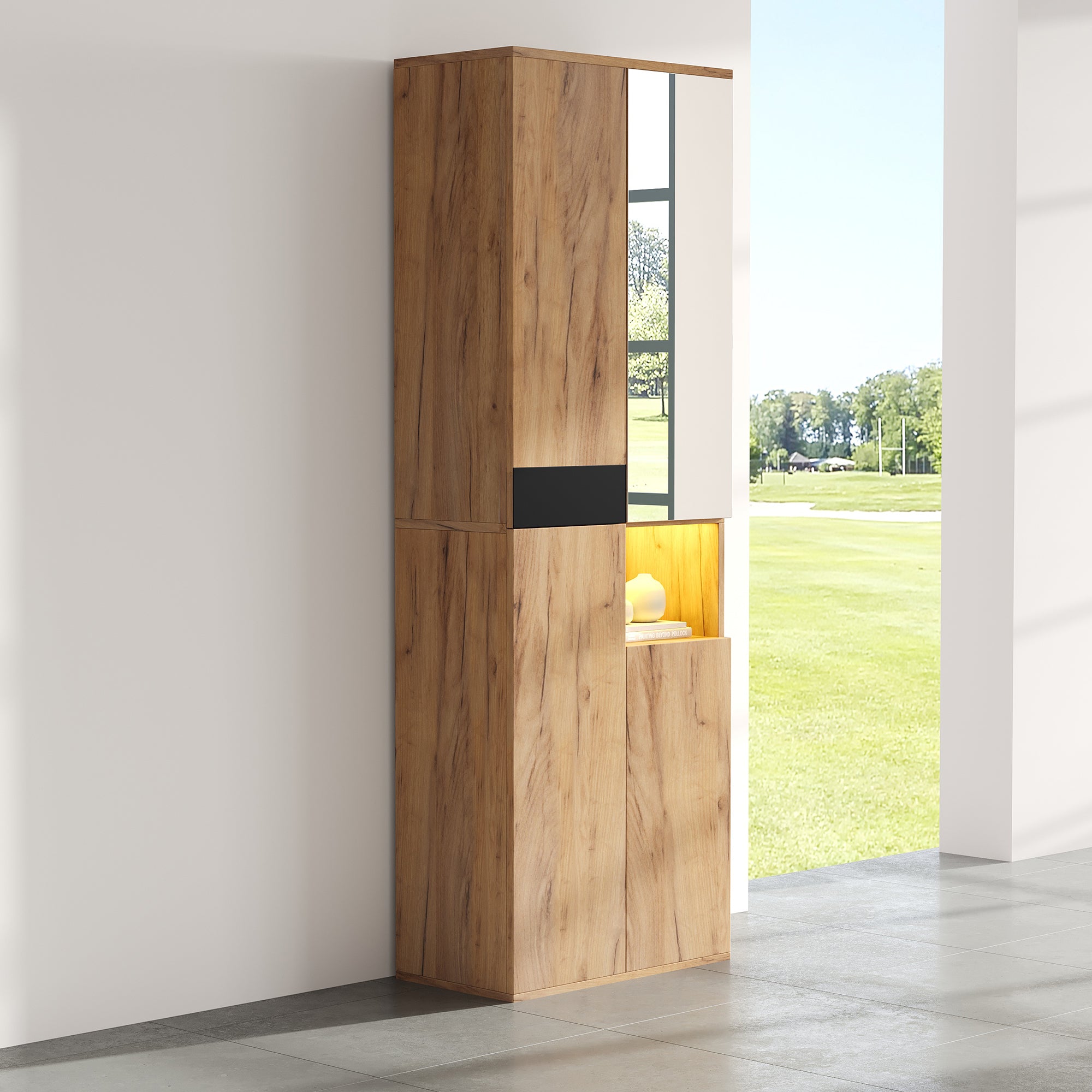 Tall Wardrobe Mirror Four Doors Open Storage Black/Natural Wood Finish