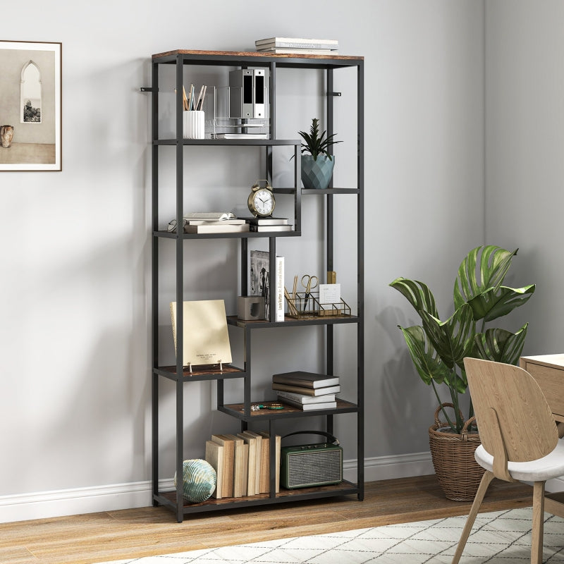 Seven-Tier Geometric Bookcase Asymmetrical Storage Metal Frame, Brown/Black Engineered Wood