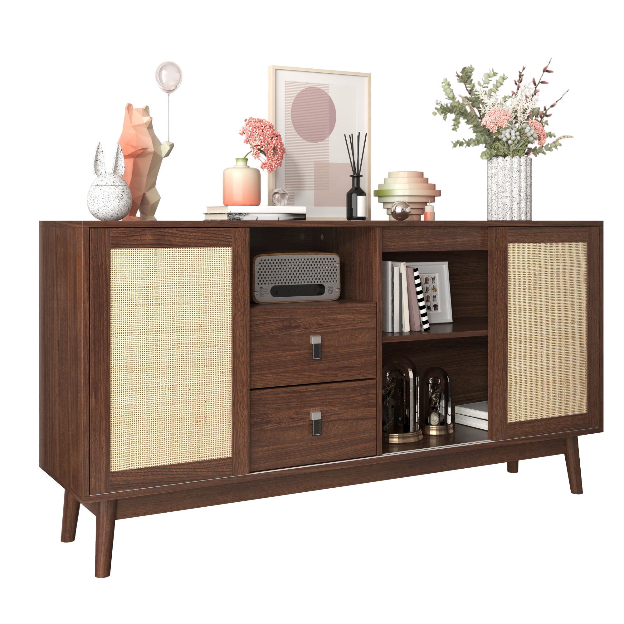 Sideboard, 3 Sliding Rattan Doors, 2 Drawers, Dark Wood